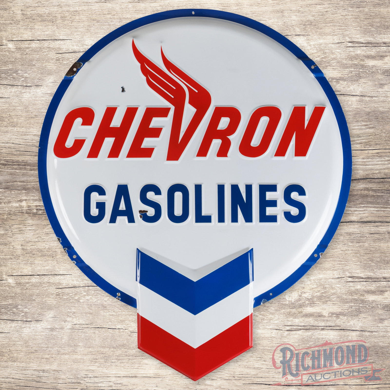 Chevron Gasoline Service 5' Emb. Single Sided Porcelain Button Sign w/ Hallmark: SSP (single sided porcelain) die cut embossed button sign has excellent color and gloss. The field exhibits a chip in the first "S" of Gasolines and a chip in the upper left outer field. The perimeter