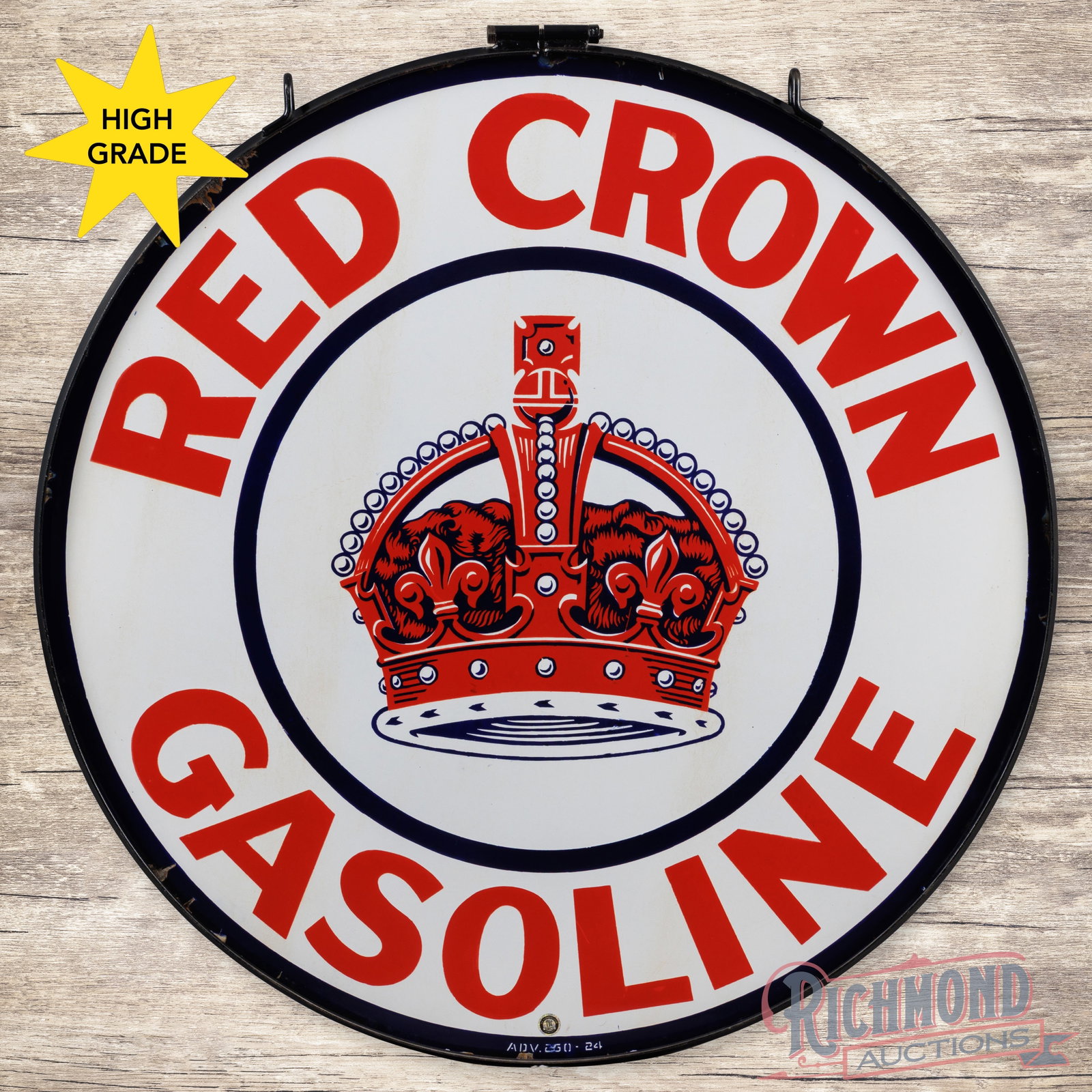 Red Crown Gasoline 42" Single Sided Porcelain Sign w/ Ring: SSP (single sided porcelain) sign with a metal ring has excellent color and gloss. The display is exceptionally clean with areas of faint discoloration in the fields. The perimeter has small chips alo