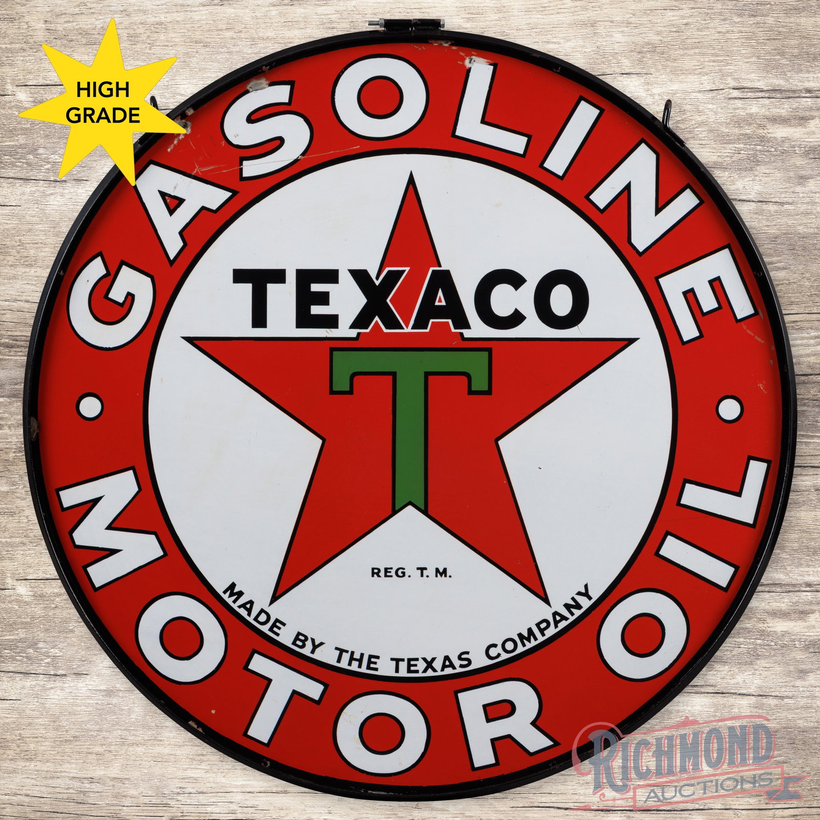 Texaco Gasoline Motor Oil 42" Double Sided Porcelain Sign w/ Ring: DSP (double sided porcelain) sign with a metal ring has excellent color and gloss. The display has a clean field with a small chip on the lower edge of the "O" in Gasoline in the outer field. The peri