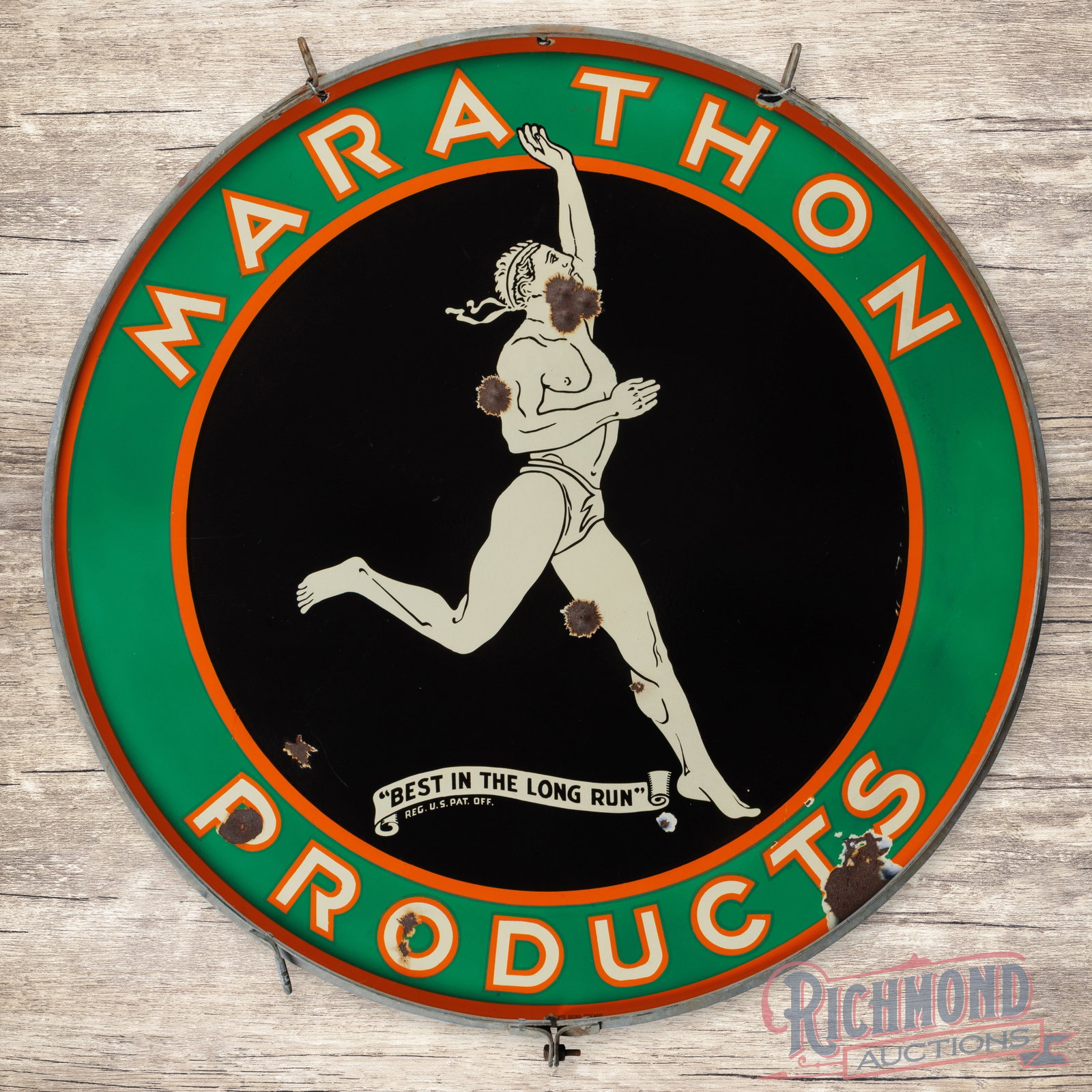 Marathon Products Gasoline Best in the Long Run 48" Double Sided Porcelain Sign w/ Ring: DSP (double sided porcelain) sign with the factory metal ring has excellent color and gloss. The display has minor surface wear with chips in the field, lower fields and edges. The reverse has larger 