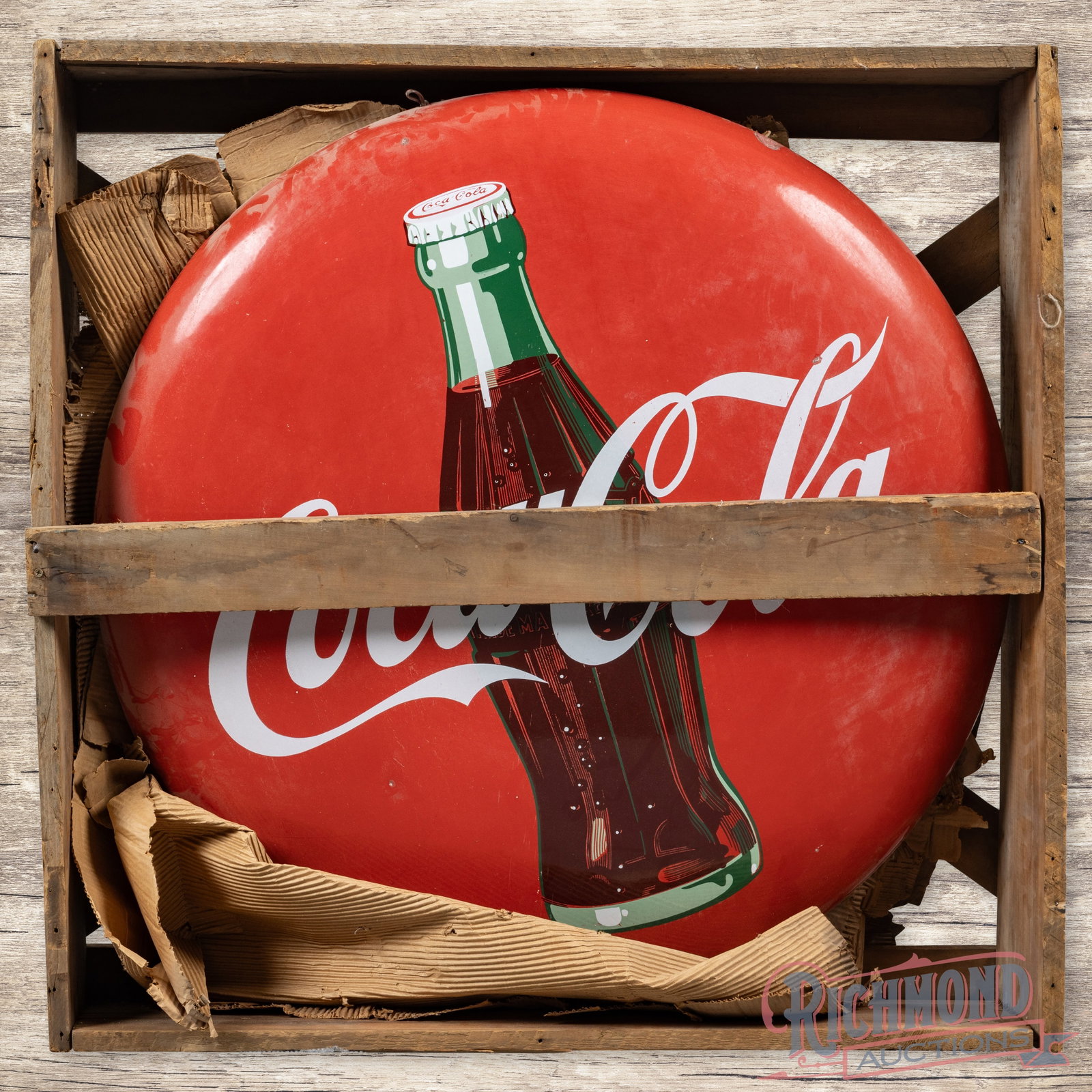 Coca Cola 36" Single Sided Porcelain Button Sign w/ Bottle & Original Wooden Crate (1 of 3)