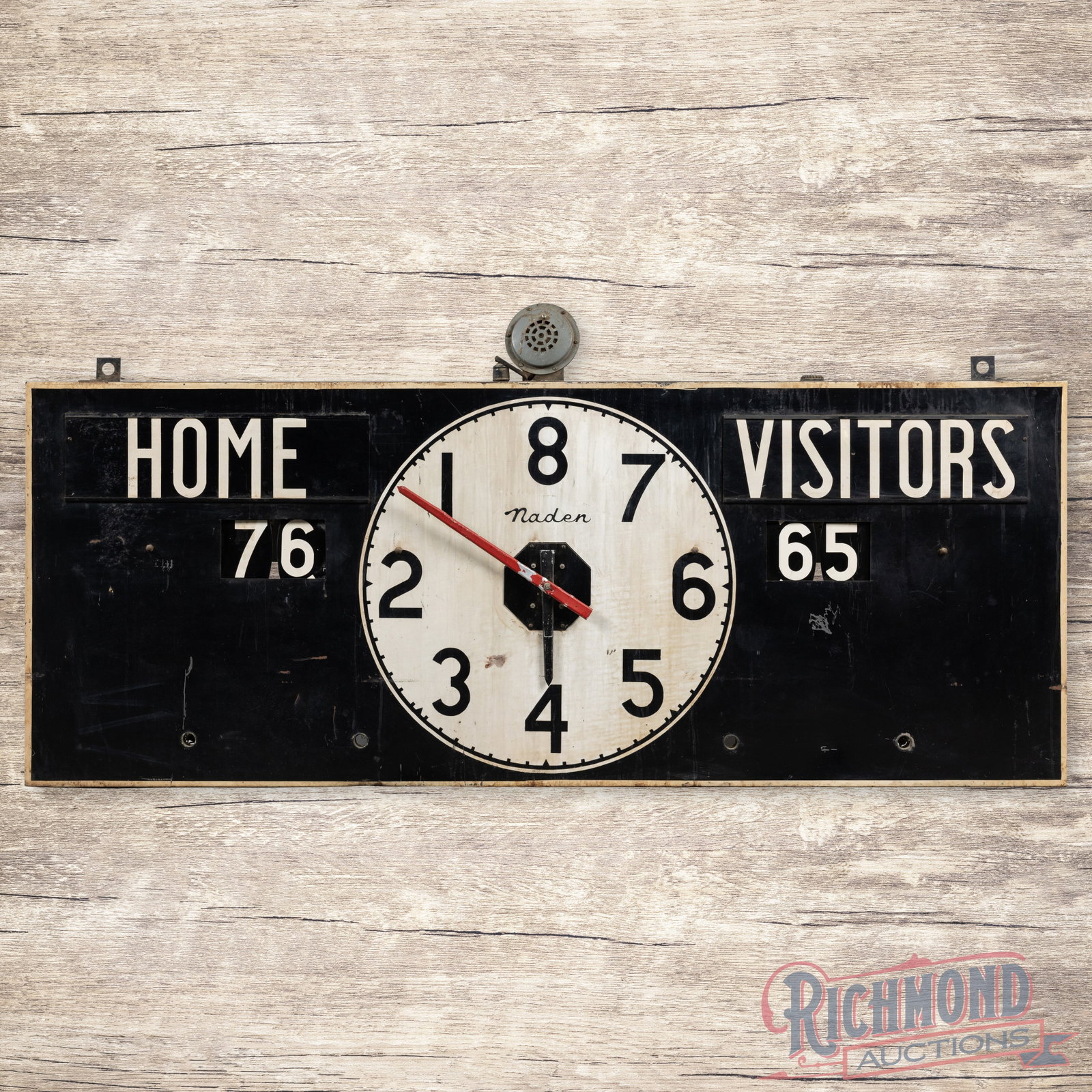 Legendary Naden 6' Sports Basketball Scoreboard Unrestored: Scarce original Naden basketball scoreboard. The unit has good color with age-related toning and wear in the fields and perimeter. The scoreboard is untested and the working condition is unknown. The 
