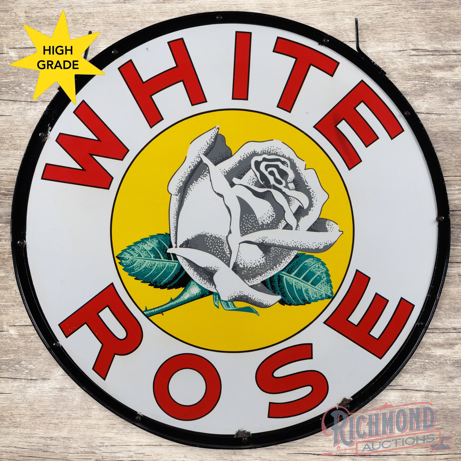 White Rose Gasoline 48" Double Sided Porcelain Sign w/ Ring: DSP (double sided porcelain) sign with the factory metal ring has excellent color and gloss. The display field is clean with minor surface imperfections. The upper "WHITE" lettering has factory color 