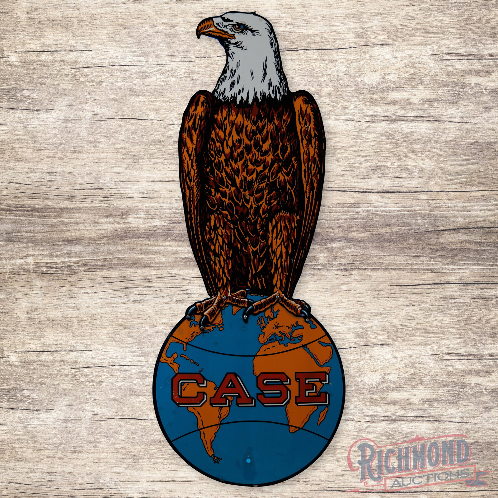 Case Old Abe w/ World Die Cut 7' Single Sided Porcelain Sign: SSP (single sided porcelain) two-piece Old Abe sign with added LED lighting has excellent color and gloss. The field and perimeter have light wear with non-factory holes and color-matched chips. The r
