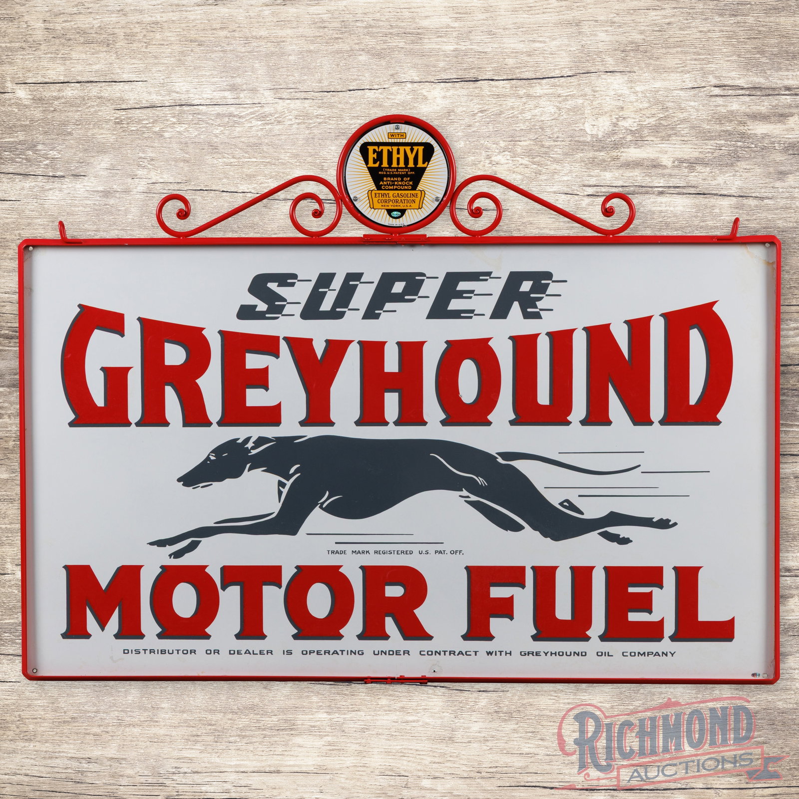 Super Greyhound Motor Fuel 5' Double Sided Porcelain Sign w/ Ring & Ethyl Attachments: DSP (double sided porcelain) sign with a custom metal ring with two 8" SSP (single sided porcelain) Ethyl sign has very good color and gloss. The display has light wear with a tiny chip in the "O" of 