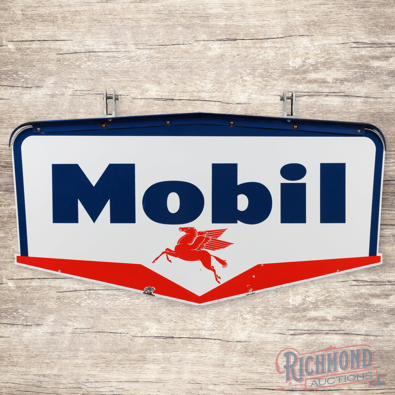 1959 Mobil Gasoline Die Cut 5' Double Sided Porcelain Guillotine Sign w/ Pegasus (1 of 3)