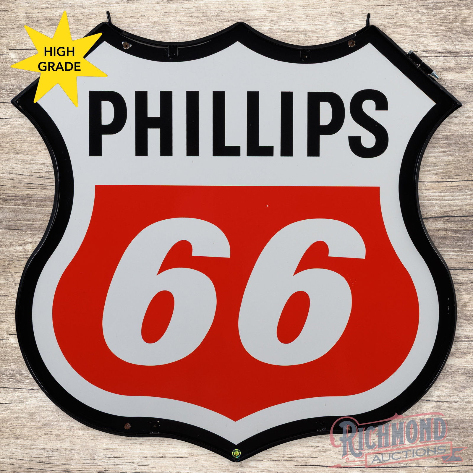 Phillips 66 Gasoline Die Cut 4' Double Sided Porcelain Sign w/ Ring: DSP (double sided porcelain) die cut sign with a metal ring has excellent color and gloss. The display is very clean overall with minor surface imperfections and a tiny flea bite in the field. The per
