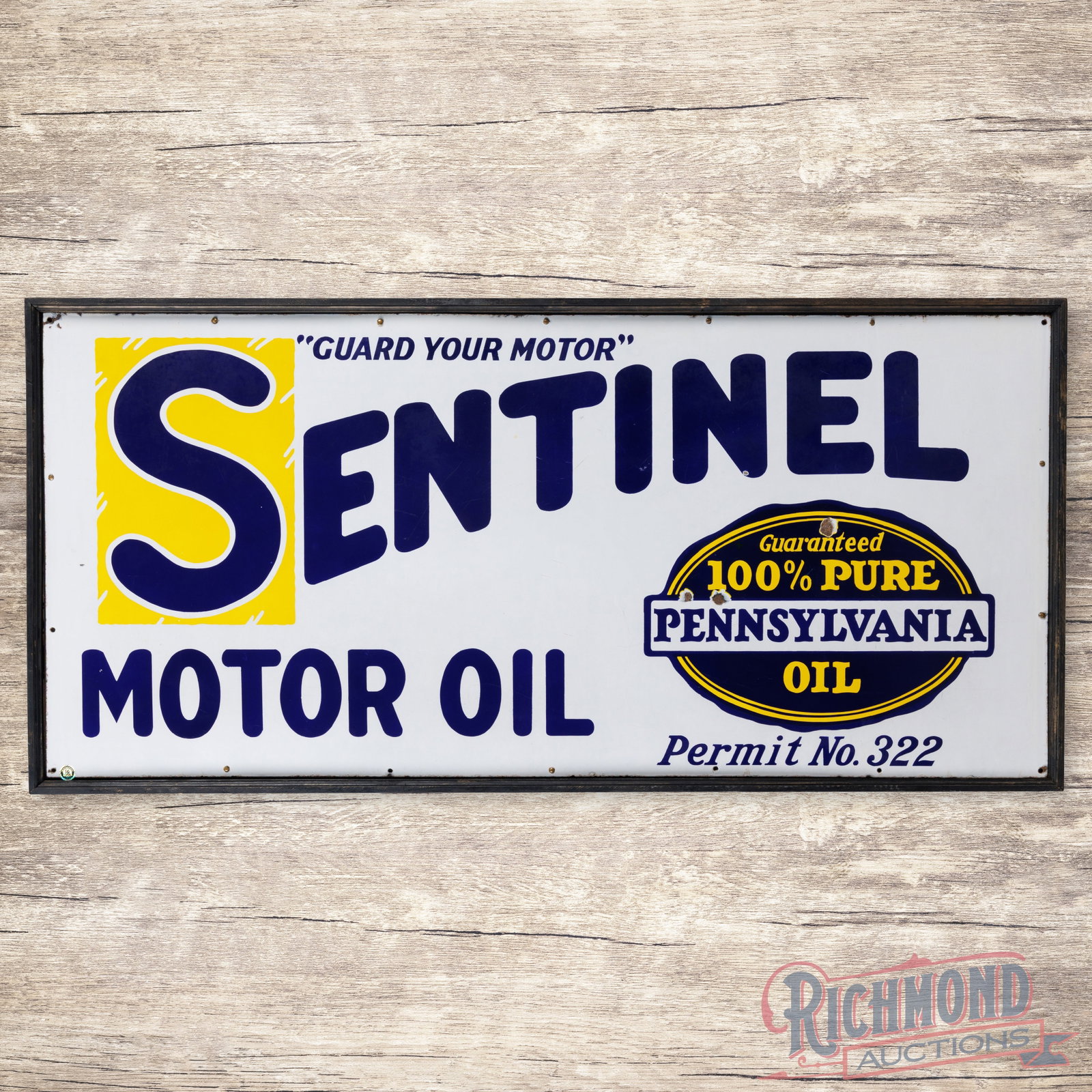 Sentinel Motor Oil "Guard Your Motor" 5' Single Sided Porcelain Sign w/ Logo: SSP (single sided porcelain) sign with an added wooden frame has excellent color and gloss. The display has minor marks with chips in the right fields. The perimeter has small chips and minor wear alo