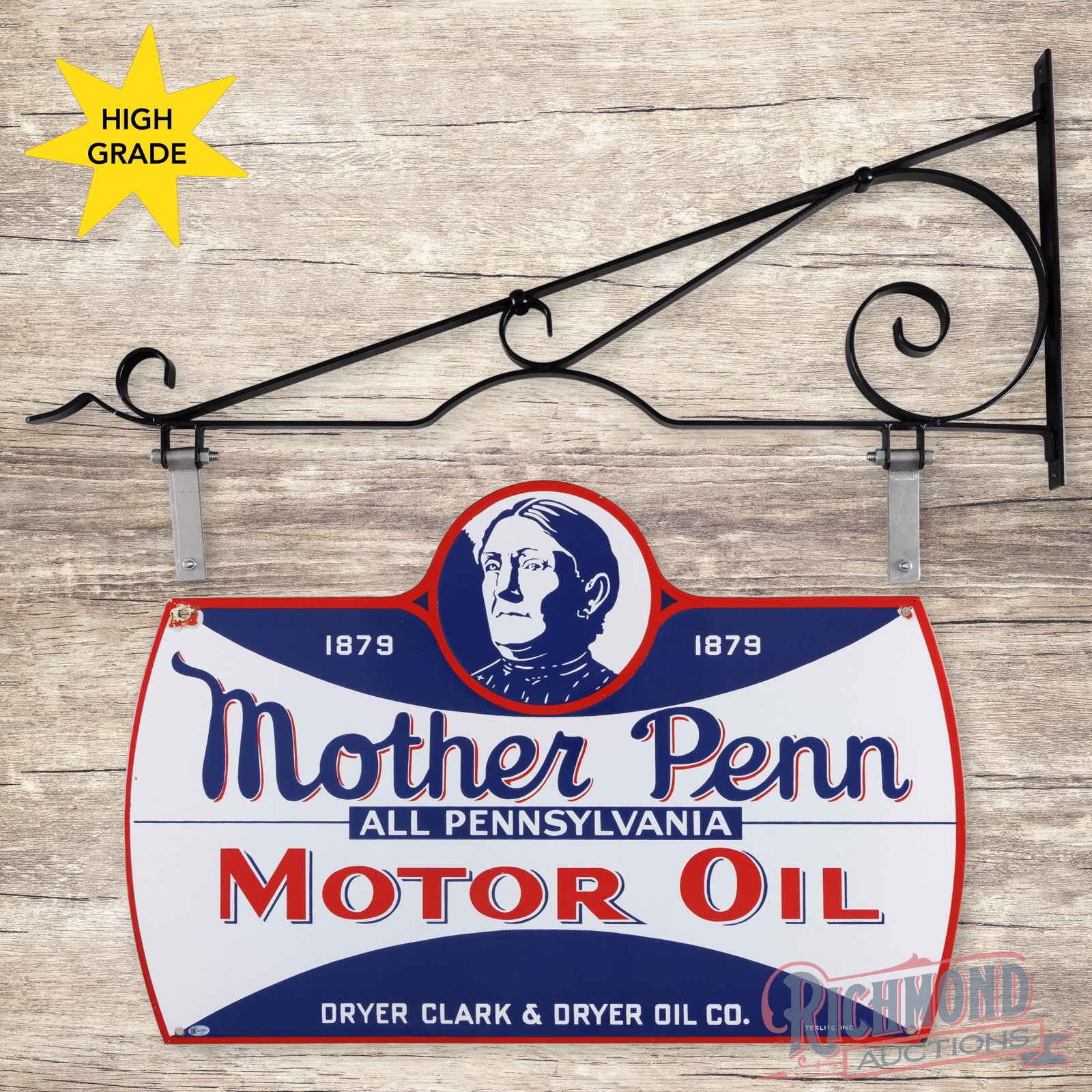Mother Penn Motor Oil 30" Double Sided Porcelain Sign w/ Hanging Bracket: DSP (double sided porcelain) die cut sign with a metal ring has outstanding color and gloss. The display has a clean field with small chips at the mounting holes. The reverse is in a similar condition