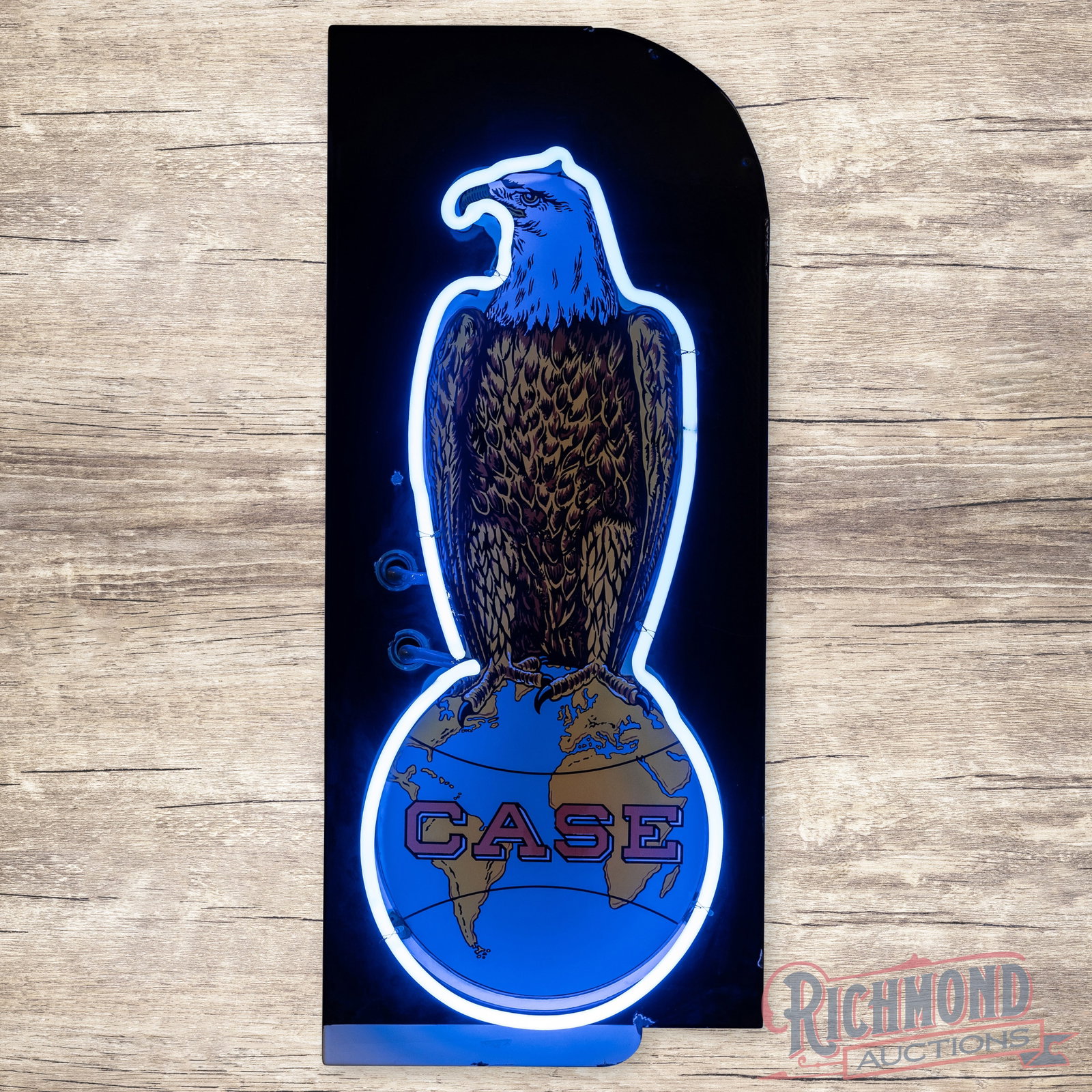 Case Farm Implements Old Abe Double Sided Porcelain Factory Neon Sign: DSP (double sided porcelain) factory neon sign with a metal can has excellent color and gloss. The sign features vibrant single-color neon on both sides. The display has a clean field with a tiny chip