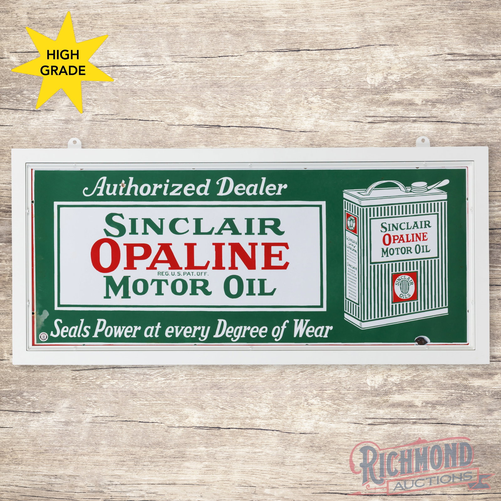Exceptional Sinclair Opaline Motor Oil 4' Single Sided Porcelain Sign w/ Early Flat Gallon Can: SSP (single sided porcelain) sign with an added metal frame has excellent color and gloss. The field is clean with a tiny chip in the "T" of Authorized. The perimeter has an area of cloudiness on the 
