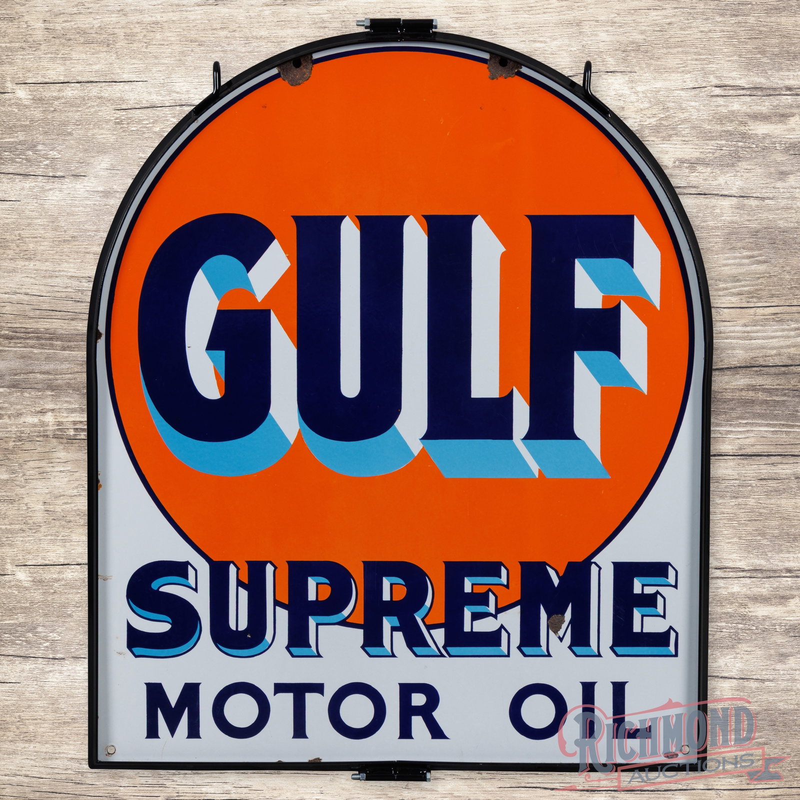 Gulf Supreme Motor Oil 36" Double Sided Porcelain Tombstone Sign w/ Ring: DSP (double sided porcelain) tombstone sign with a metal ring has excellent color and gloss. Side #1 has a few tiny flea bites in the field with a chip in the "M" of Supreme. The perimeter has chips a