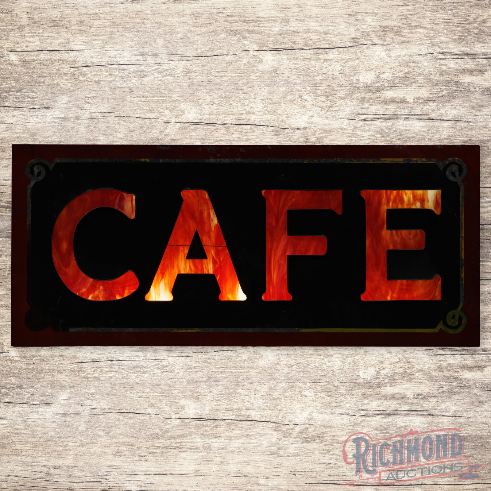 Caf? 5' Double Sided Tin Lighted Milk Glass Advertising Sign: Double-sided internally lighted milk glass sign with the original metal can works properly. The sign features unique marbled slag glass letters that are in excellent condition. Side #1 has areas of ol