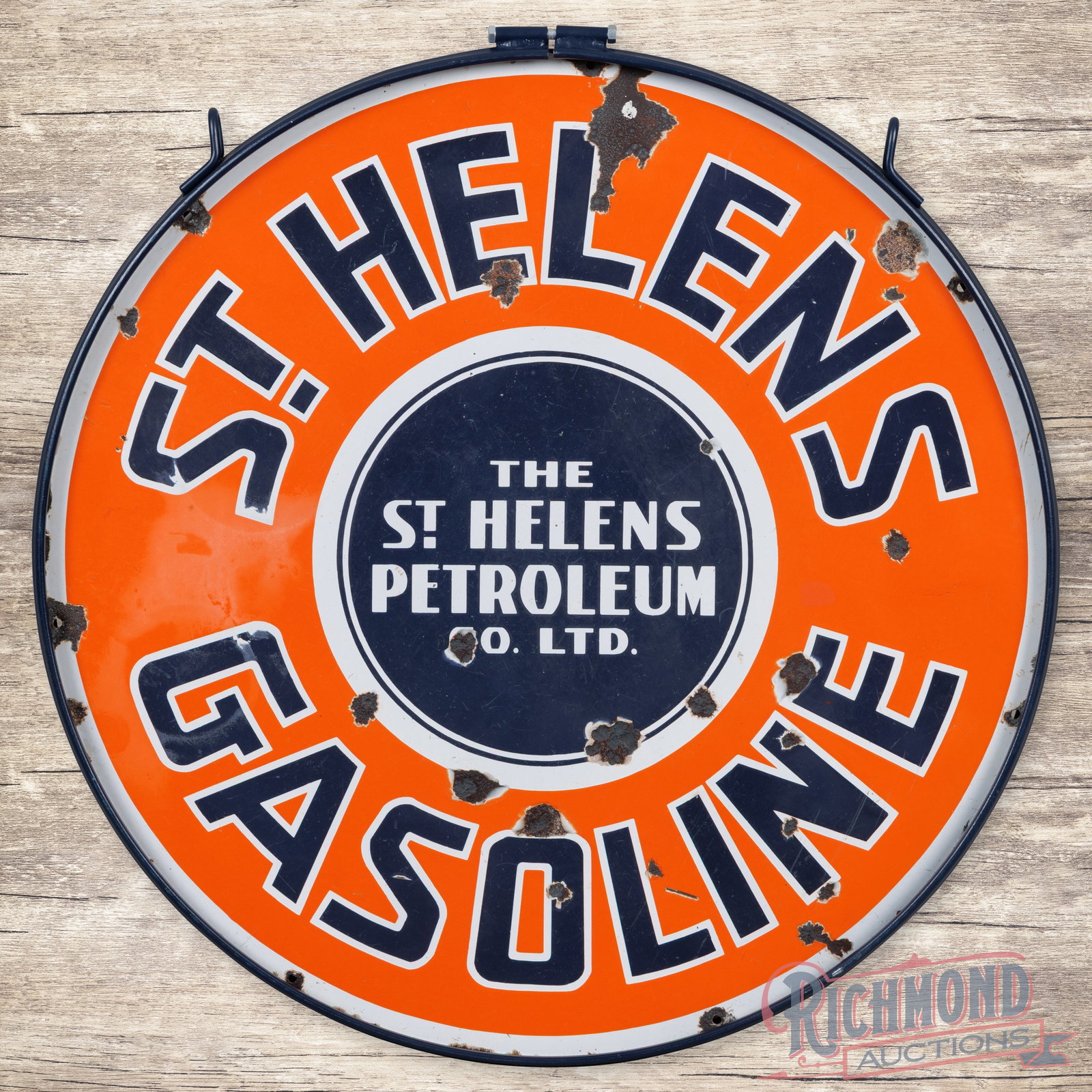 St. Helens Gasoline 30" Double Sided Porcelain Sign w/ Ring: DSP (double sided porcelain) sign with a metal ring has good color and moderate gloss. The display has surface wear with chipping in the fields and the perimeter. The reverse is in a similar condition