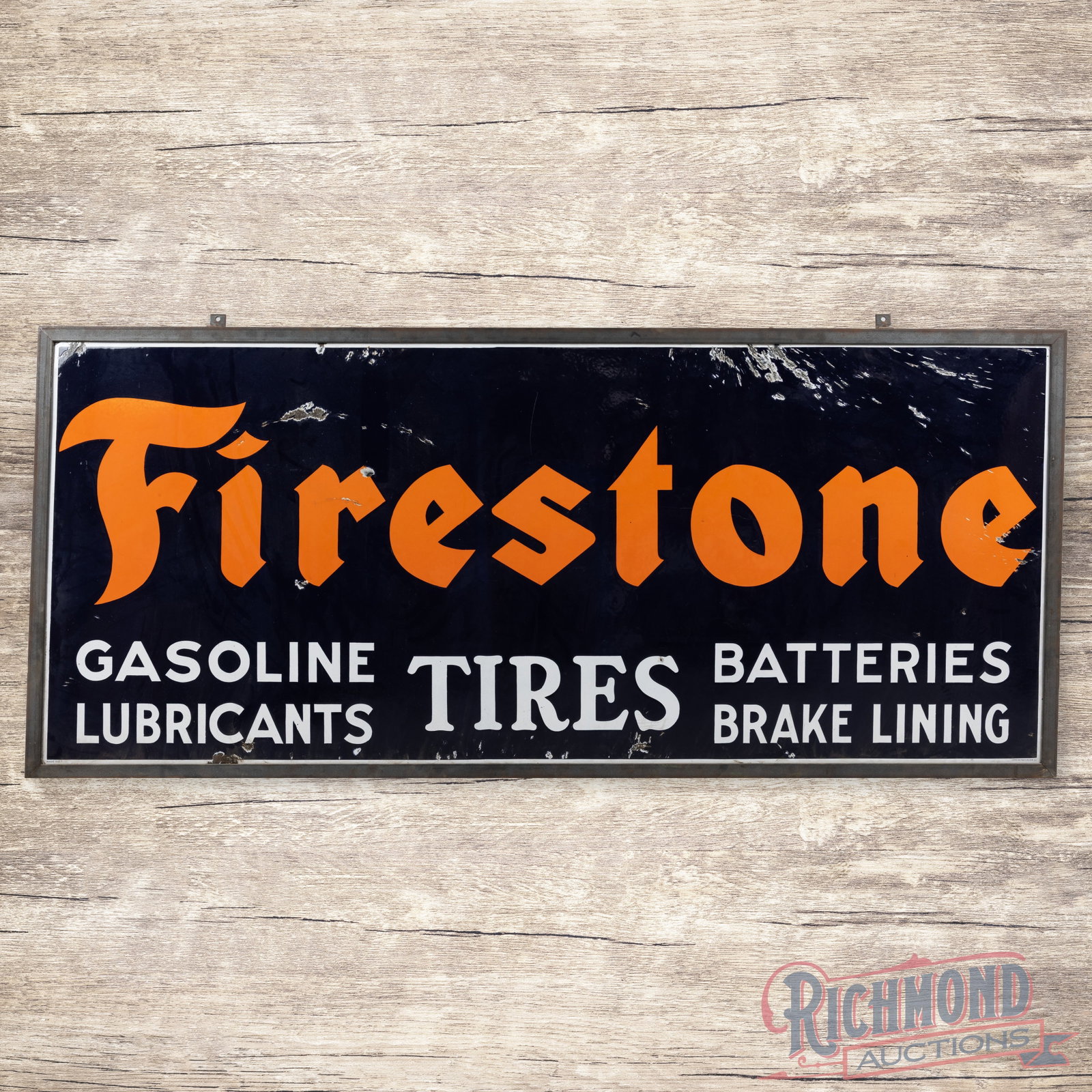 Firestone Tires Gasoline Lubricants Batteries Brakes 8' Single Sided Porcelain Sign: SSP (single sided porcelain) sign with an added steel frame has very good color and gloss. The sign features heavy shelving with classic orange, blue and white Firestone porcelain enamel colors. The d