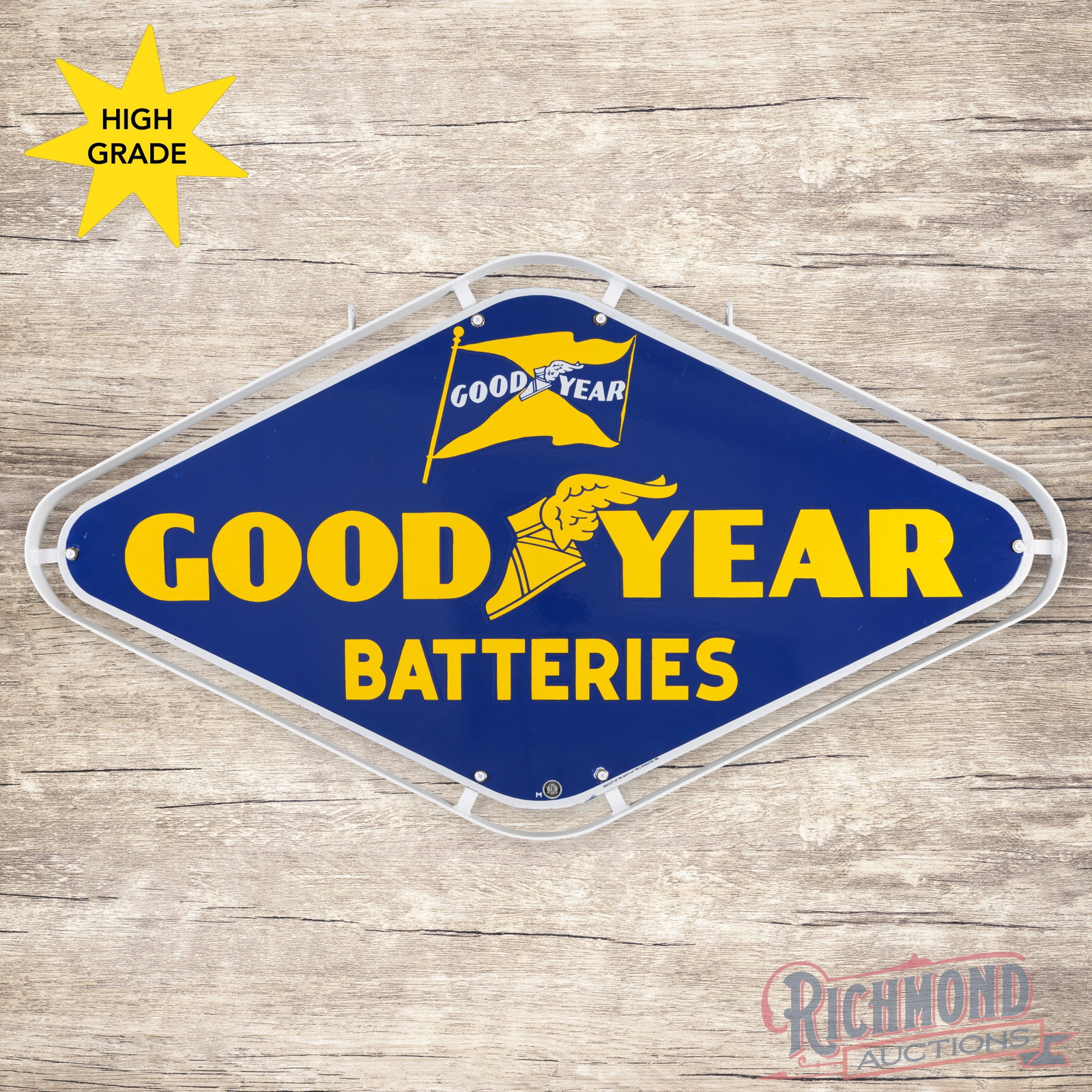 Goodyear Batteries 4' Single Sided Porcelain Sign w/ Ring: SSP (single sided porcelain) sign with a metal ring has excellent color and gloss. The fields are clean. The perimeter has a small chip at the lower right mounting hole with other minor chips along th