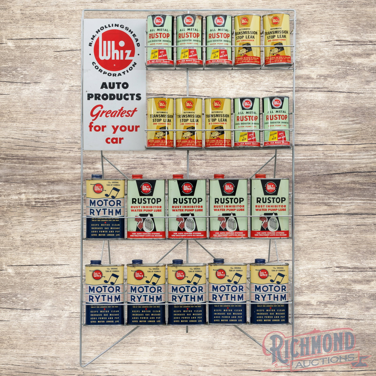 Whiz R.M Hollingshead Auto Products Single Sided Tin Display Sign w/ 20 Metal Cans Complete: SST (single sided tin) advertising display complete with twenty full metal cans. The sign portion has light wear with scuffs and a minor bend on the left-hand edge. The cans all have excellent color, 