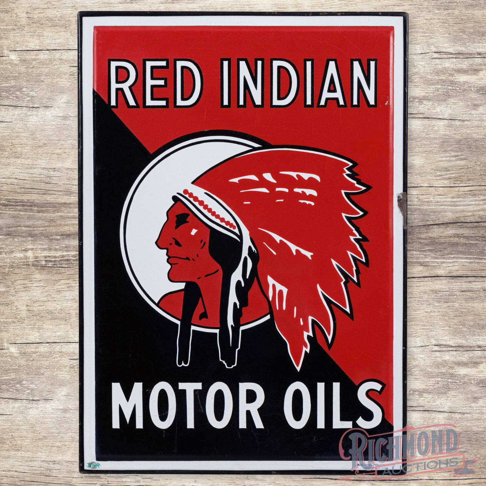 Red Indian Motor Oil 24" Single Sided Porcelain Sign w/ Logo: SSP (single sided porcelain) self-framed sign has very good color and gloss. The display features a large Native American Graphic with classic Red Indian Motor Oil colors. The surface has wear and fin