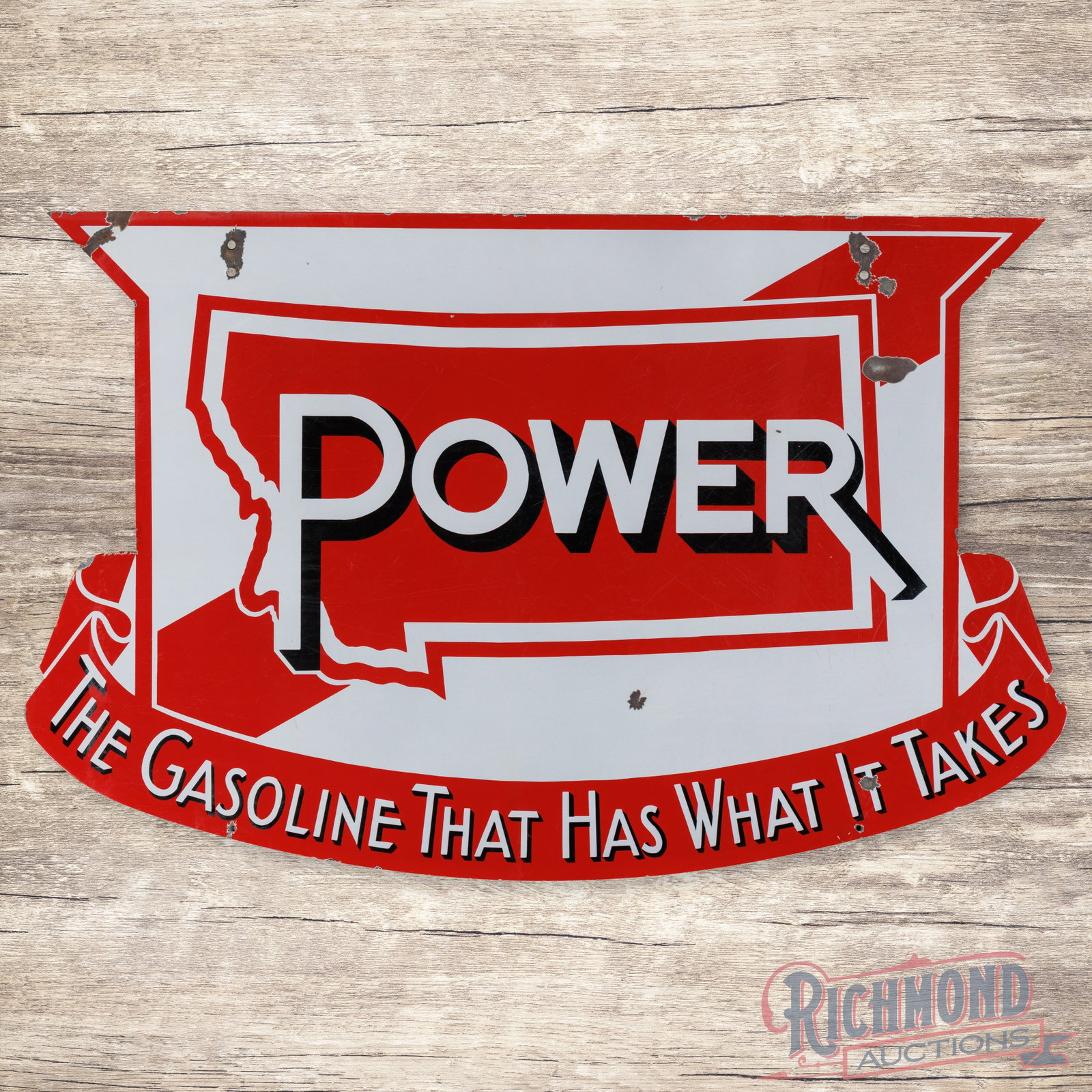 Rare Montana Power "The Gasoline That Has What It Takes" Double Sided Porcelain Logo Sign: DSP (double sided porcelain) die cut sign has very good color and gloss. The display has surface wear with a tiny chip in the "R" in the right field. The outer fields and perimeter have additional chi