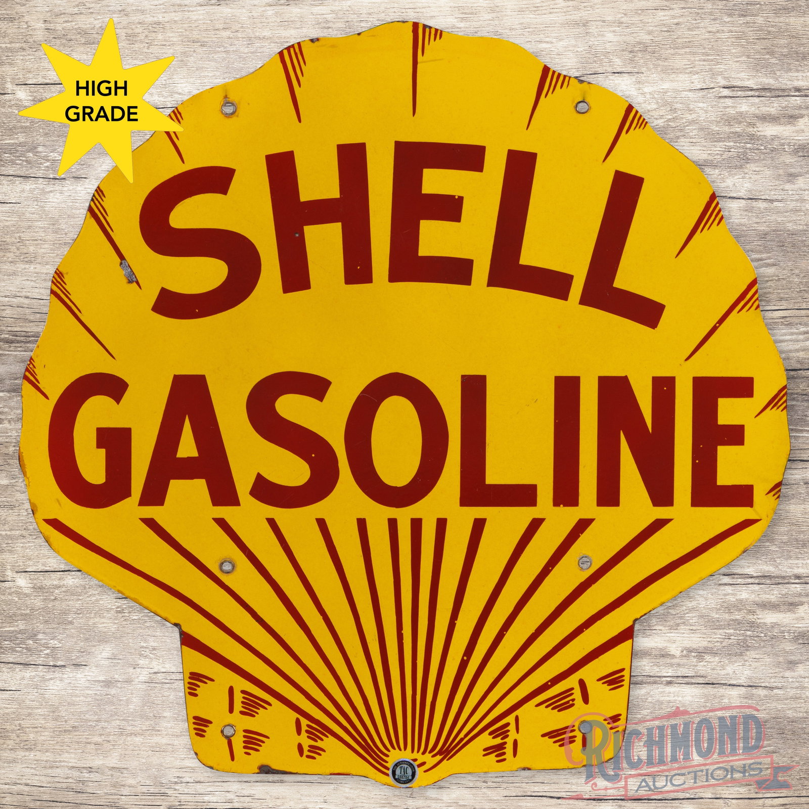 Shell Gasoline 25" Die Cut Double Sided Porcelain Sign: DSP (double sided porcelain) die cut sign has excellent color and gloss. The display is very clean overall with minor surface imperfections and a tiny flea bite in the right outer field. The perimeter