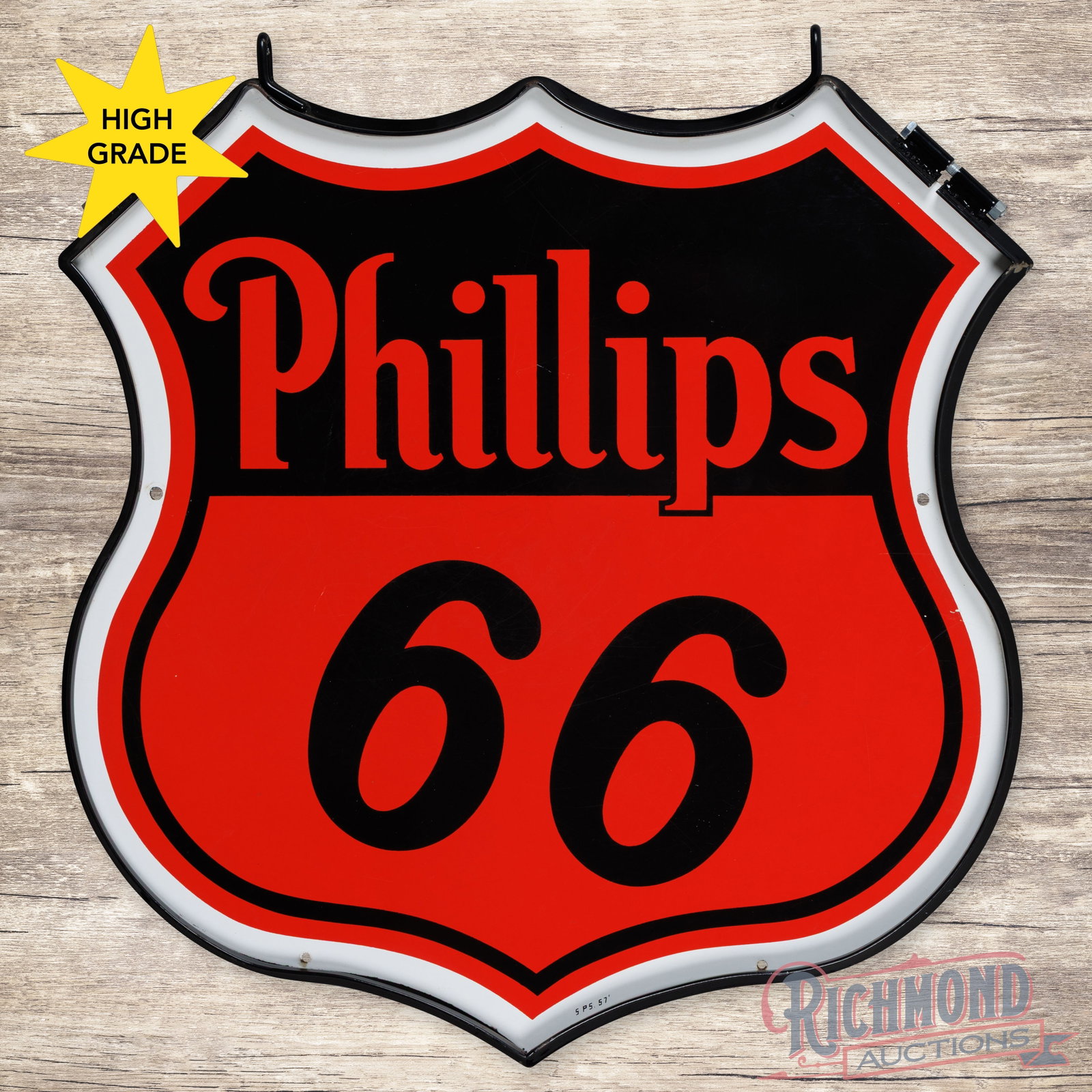 1957 Phillips 66 Double Sided Porcelain 30" Sign w/ Ring "White Border": DSP (double sided porcelain) die cut sign with a metal ring has excellent color and gloss. The display has a clean field with light surface wear in the upper fields. The reverse is in a similar condit