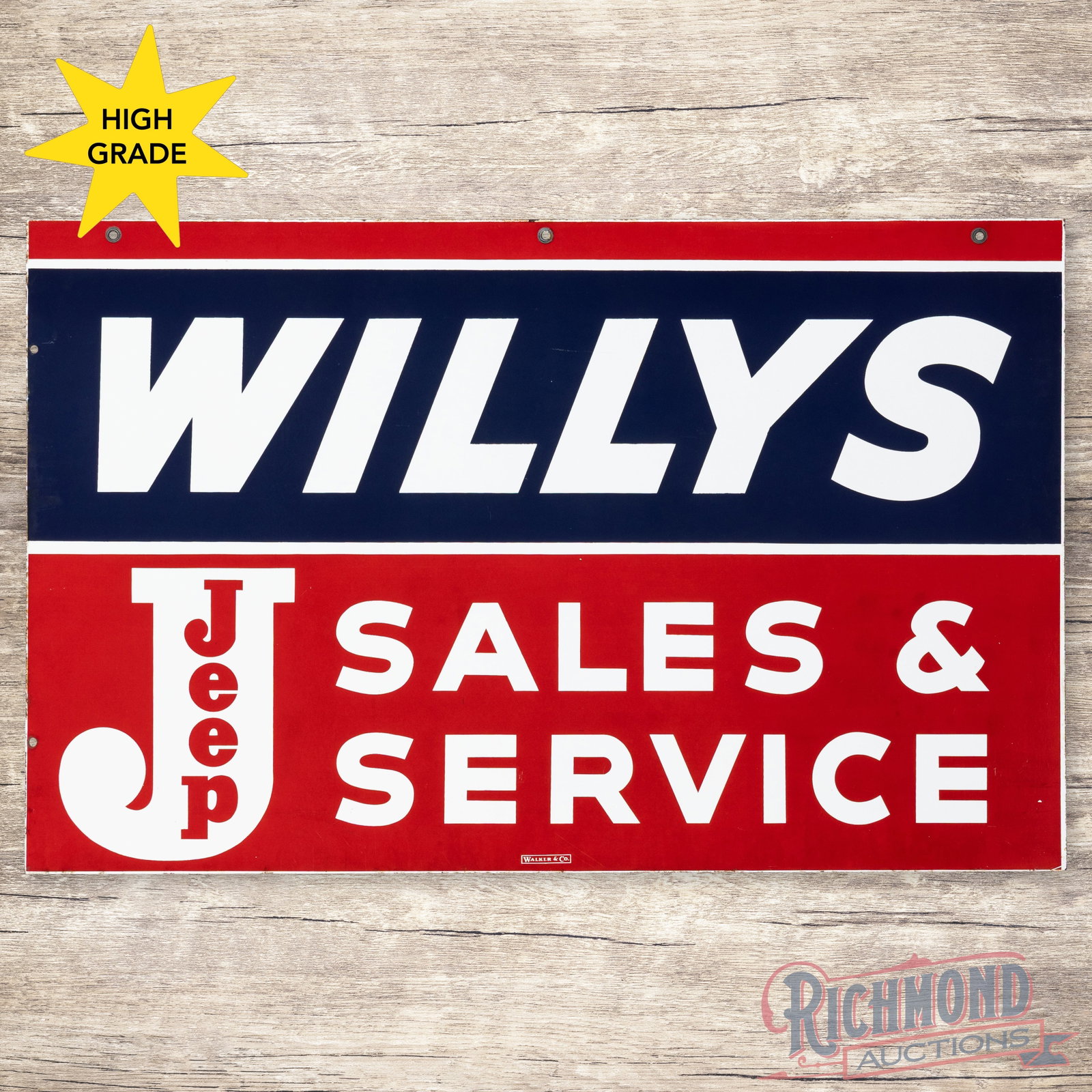 Willys Jeep Sales & Service 4' Double Sided Porcelain Sign w/ Logo: DSP (double sided porcelain) sign has outstanding color and gloss. Side #1 is exceptionally clean overall with minor imperfections in the fields and light wear along the outer edges. The reverse is in