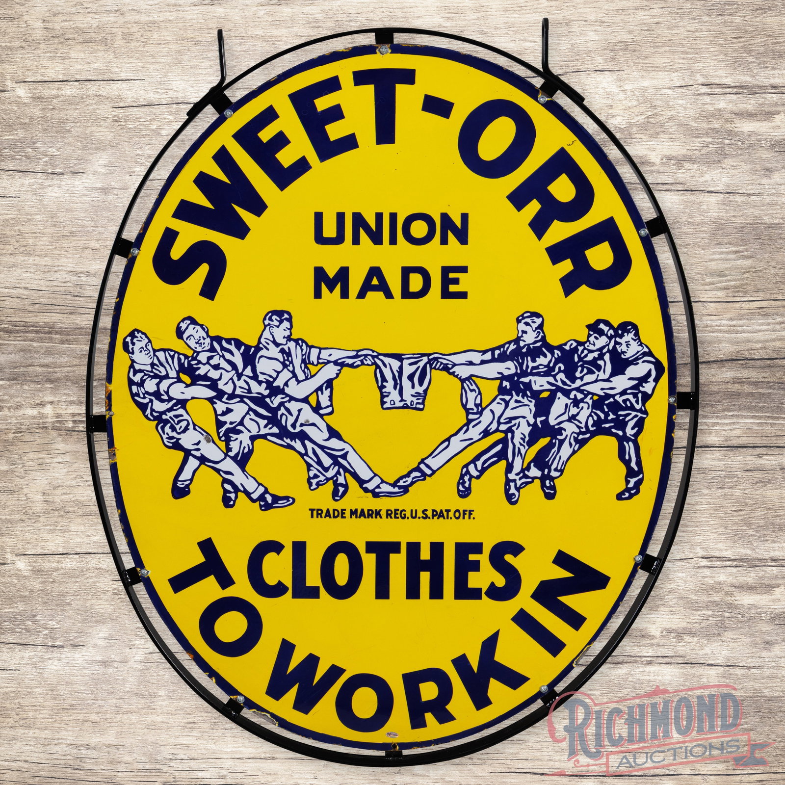 Sweet Orr Union Made Clothes to Work In 40" Single Sided Porcelain Sign w/ Ring: SSP (single sided porcelain) sign with a metal ring has excellent color and gloss. The field has minor marks with two minor chips in the left field. The perimeter has chips along the outer edges. The 