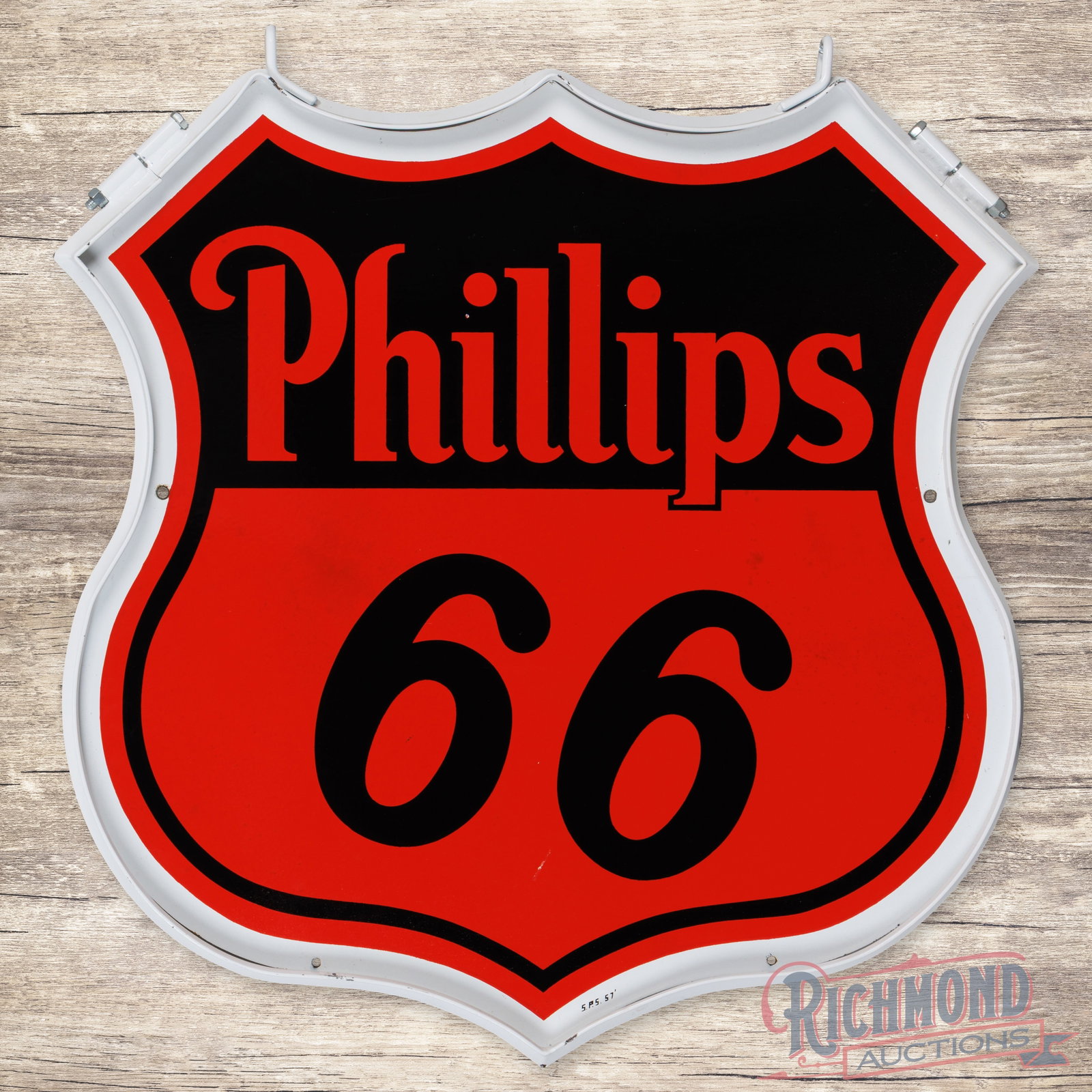 Phillips 66 Double Sided Porcelain Sign '57 "White Border" w/ Ring: DSP (double sided porcelain) die cut sign with a metal ring has excellent color and gloss. The display has areas of surface wear with minor spotting in the orange porcelain enamel. The perimeter has m
