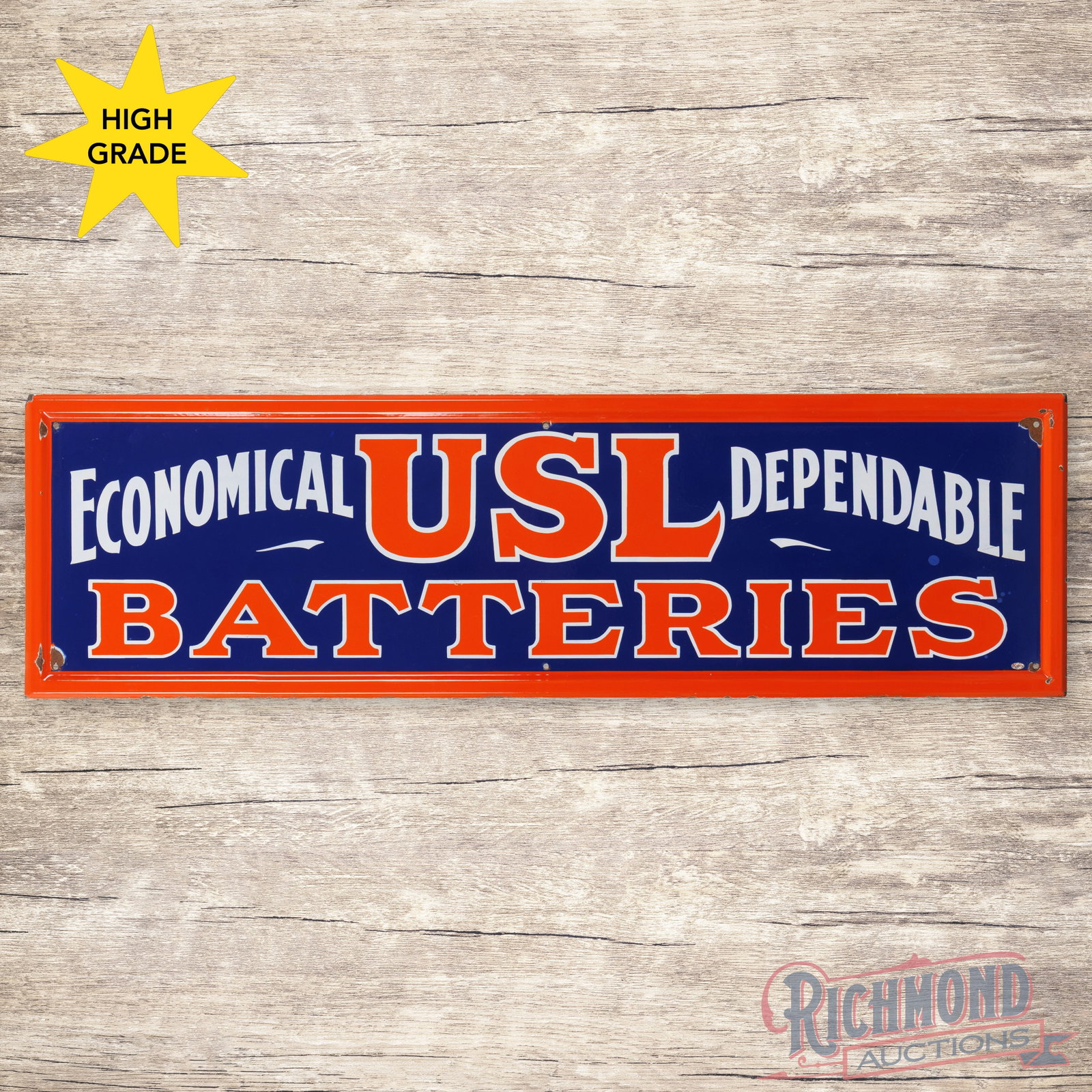 USL Batteries Economical Dependable 5' Single Sided Porcelain Sign: SSP (single sided porcelain) self-framed sign has excellent color and gloss. The field is clean with a small circular factory blemish in the right outer field. The perimeter has small chips at the mou