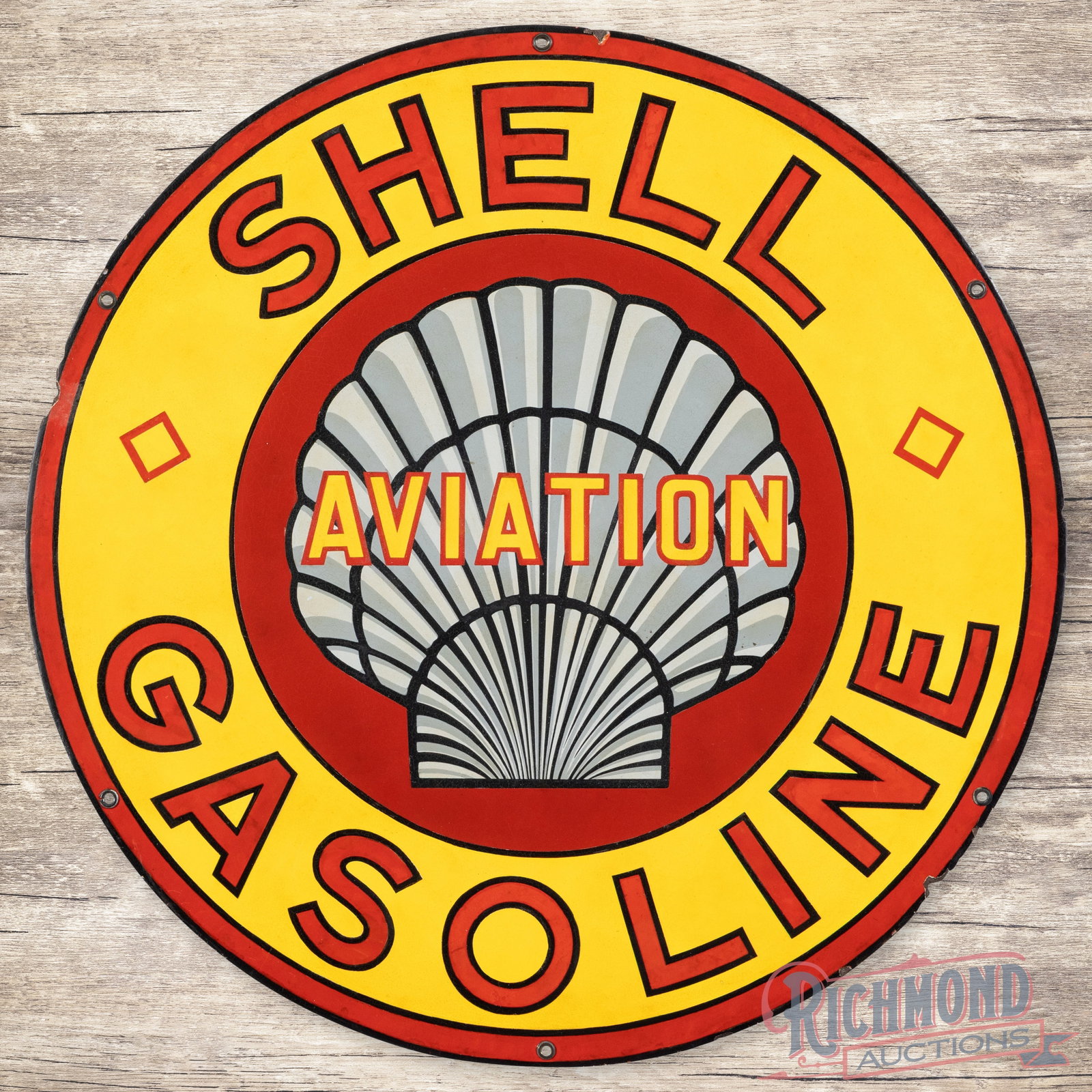 Rare Shell Aviation Gasoline 30" Single Sided Porcelain Sign w/ Logo: SSP (single sided porcelain) sign has been excellent color and gloss. The sign has been professionally restored. The fields are exceptionally clean with minor surface imperfections. The perimeter has 
