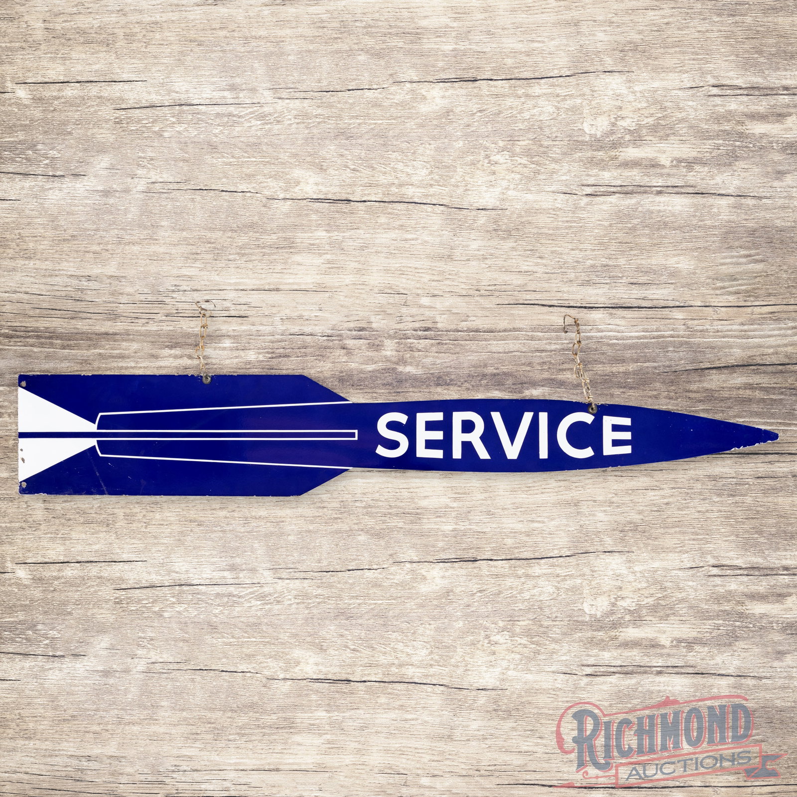 Oldsmobile Service Rocket 5' Die Cut Double Sided Porcelain Sign: DSP (double sided porcelain) die cut sign has excellent color and gloss. Side #1 has tiny imperfections in the fields with chips along the perimeter. The reverse is in a similar condition with a sligh