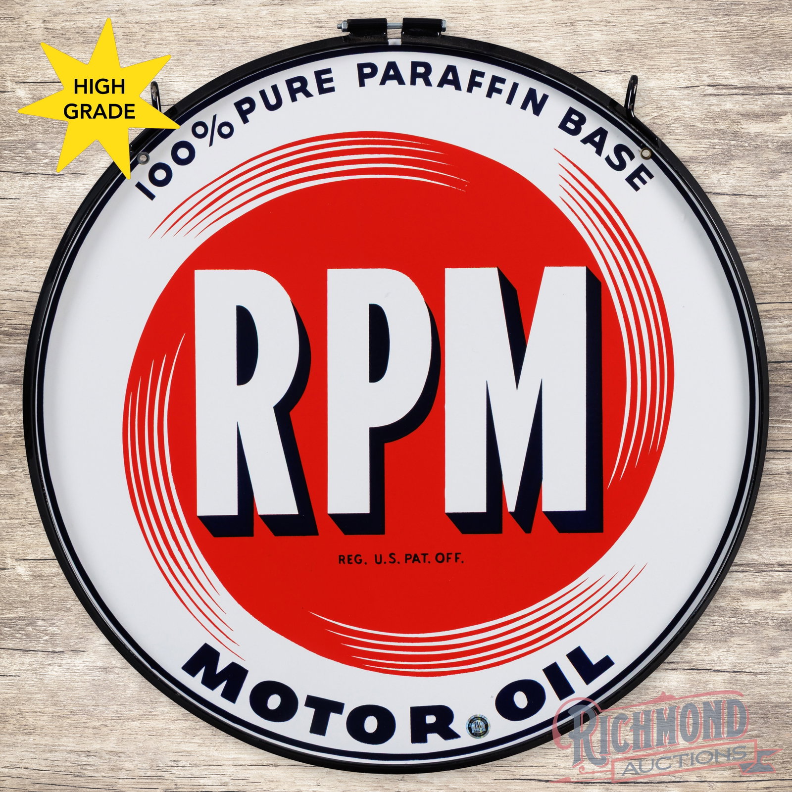 RPM 100% Pure Paraffin Base Motor Oil 28" Double Sided Porcelain Sign w/ Ring: DSP (double sided porcelain) sign with a metal ring has day one color and gloss. The display has a clean field and perimeter with a tiny flake on the edge at 3 o'clock. The reverse is in a similar con