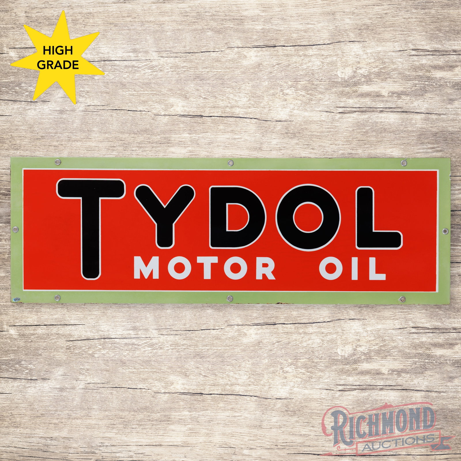 Outstanding Tydol Motor Oil 42" Single Sided Porcelain Sign: SSP (single sided porcelain) sign has excellent color and gloss. The sign features a clean field and perimeter with minor chips along the outer edges. All eight factory grommets are present. This sign