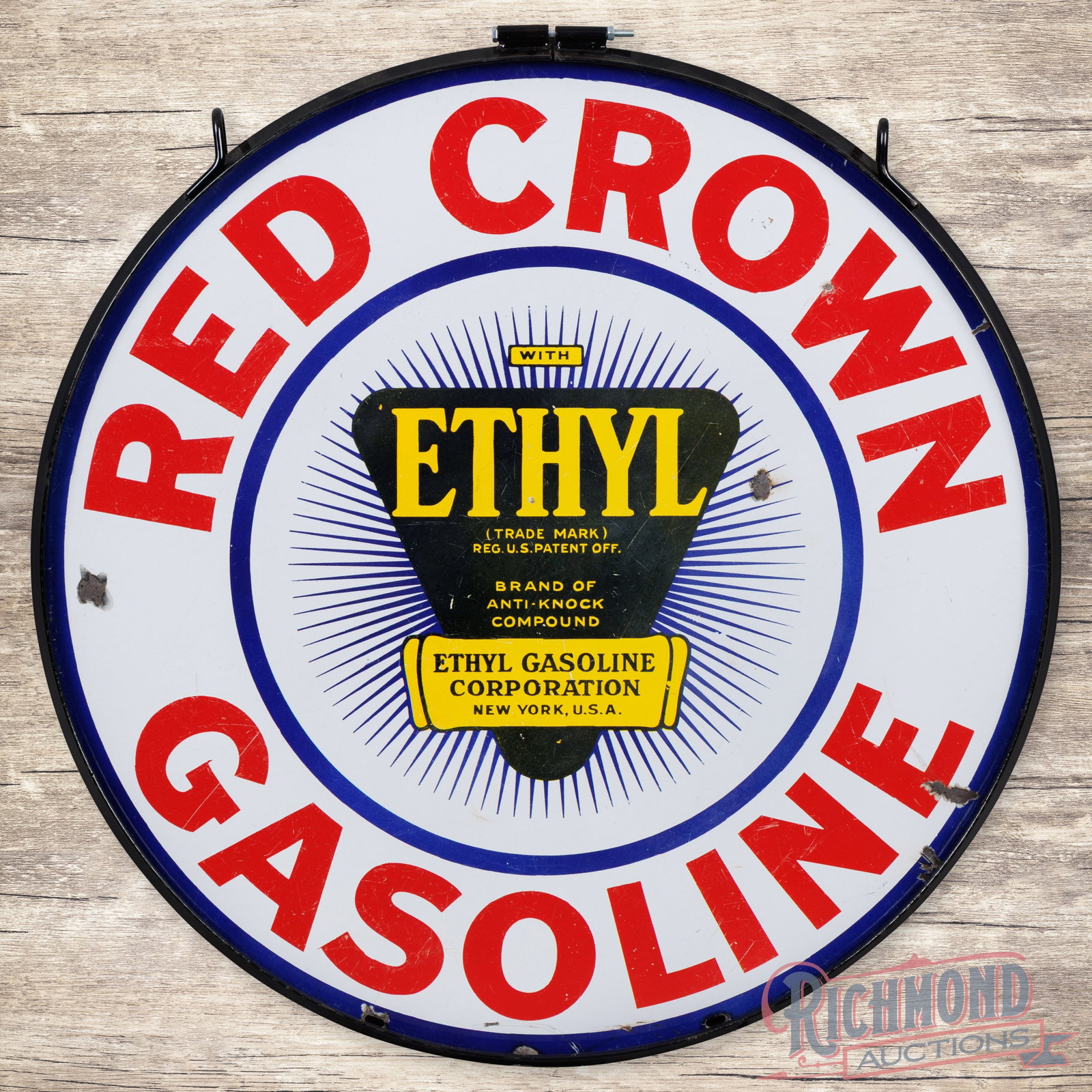 Red Crown Ethyl Gasoline 30" Double Sided Porcelain Sign w/ Ring: DSP (double sided porcelain) sign with a metal ring has good color and gloss. The display has surface wear with small chips in the field. The outer lettering and perimeter have additional chips with w