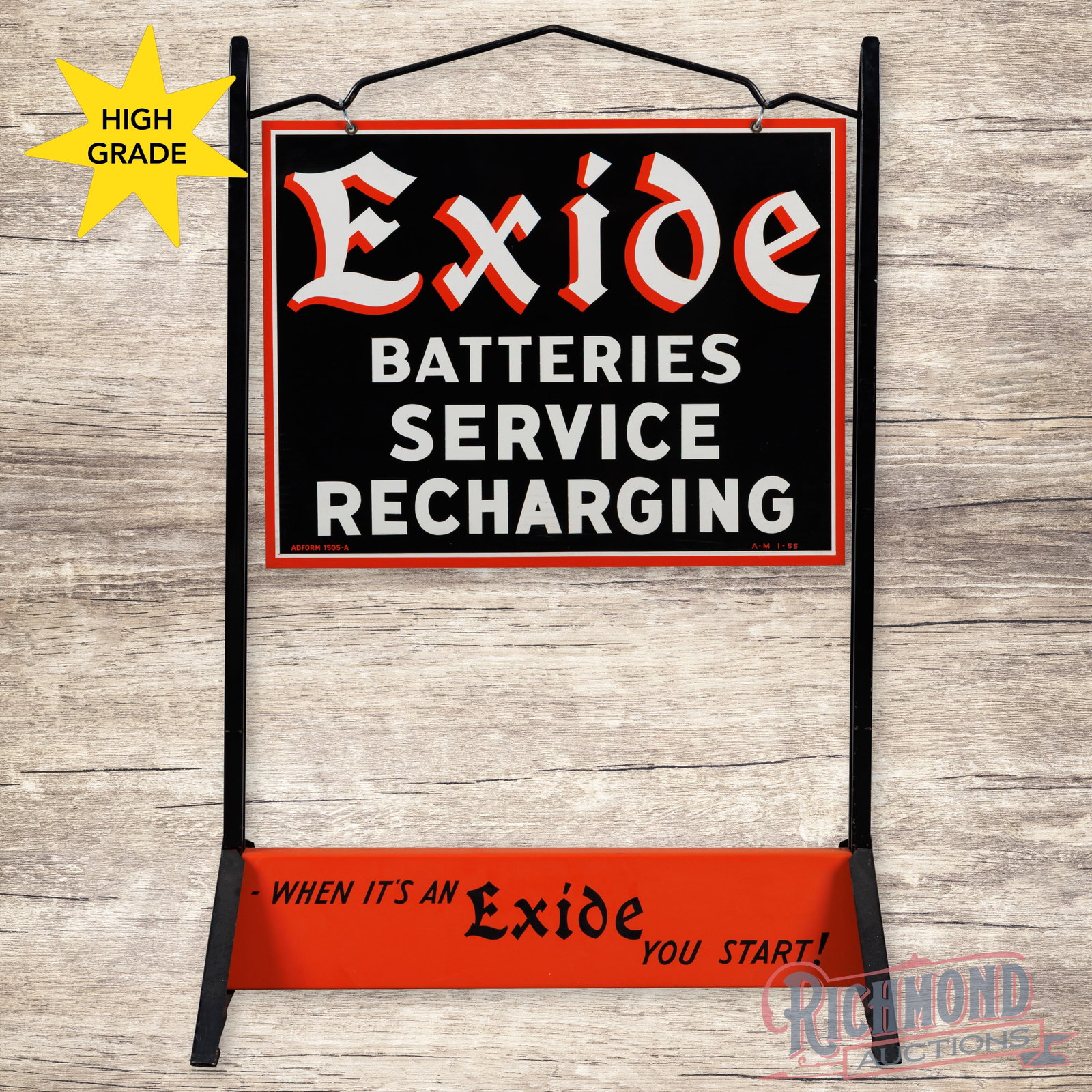 1955 Exide Batteries Service Recharging Double Sided Tin Curb Sign: DST (double sided tin) curb sign has excellent color and shine. The display has a clean field with minor storage marks in the outer fields. The reverse is in a similar condition with light wear in the
