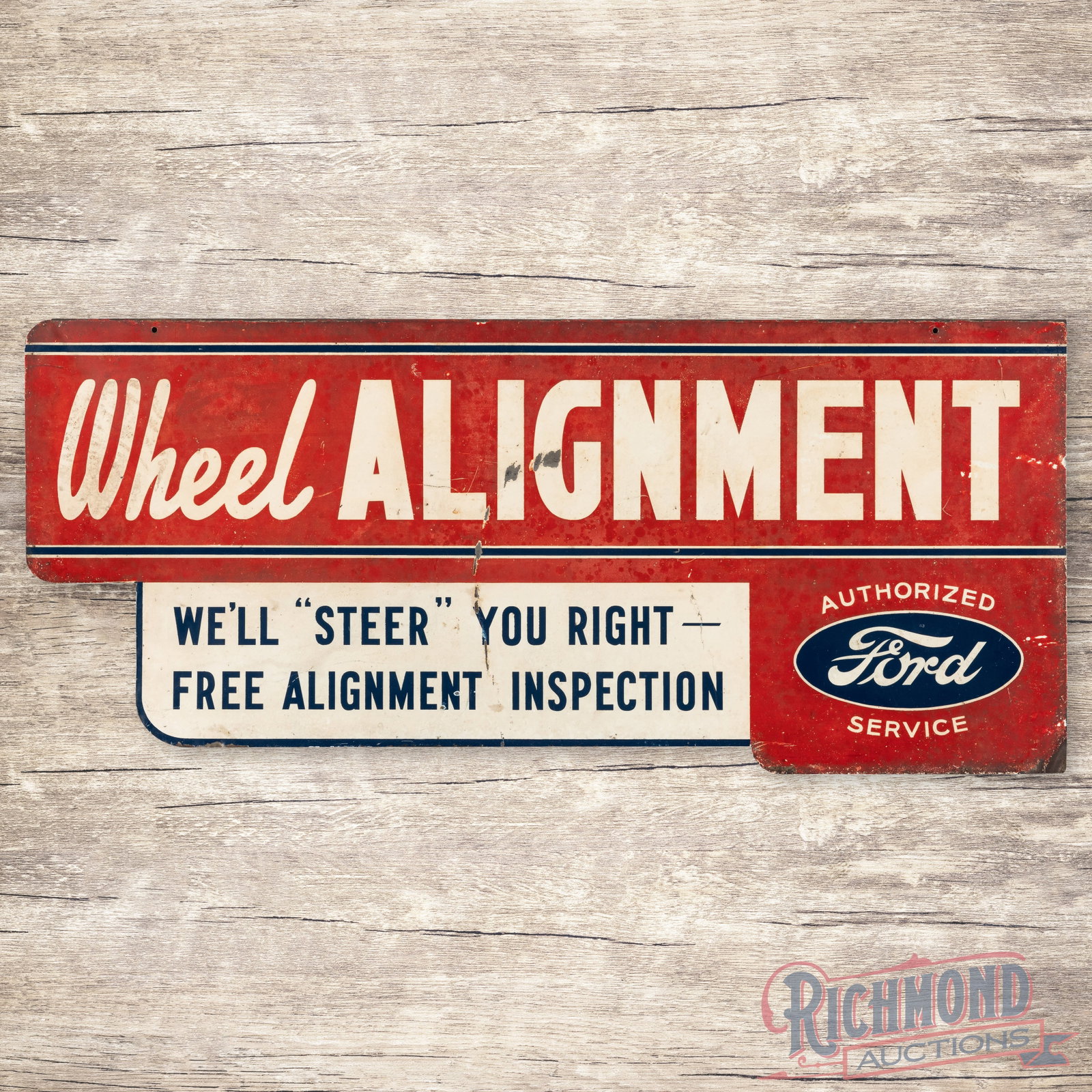 Rare Ford Wheel Alignment Die Cut Double Sided Tin Sign w/ Logo: DST (double sided tin) die cut sign has good color and shine. The display has general surface wear with discoloration to the red painted surfaces. The perimeter has a slight bend on the lower left cor