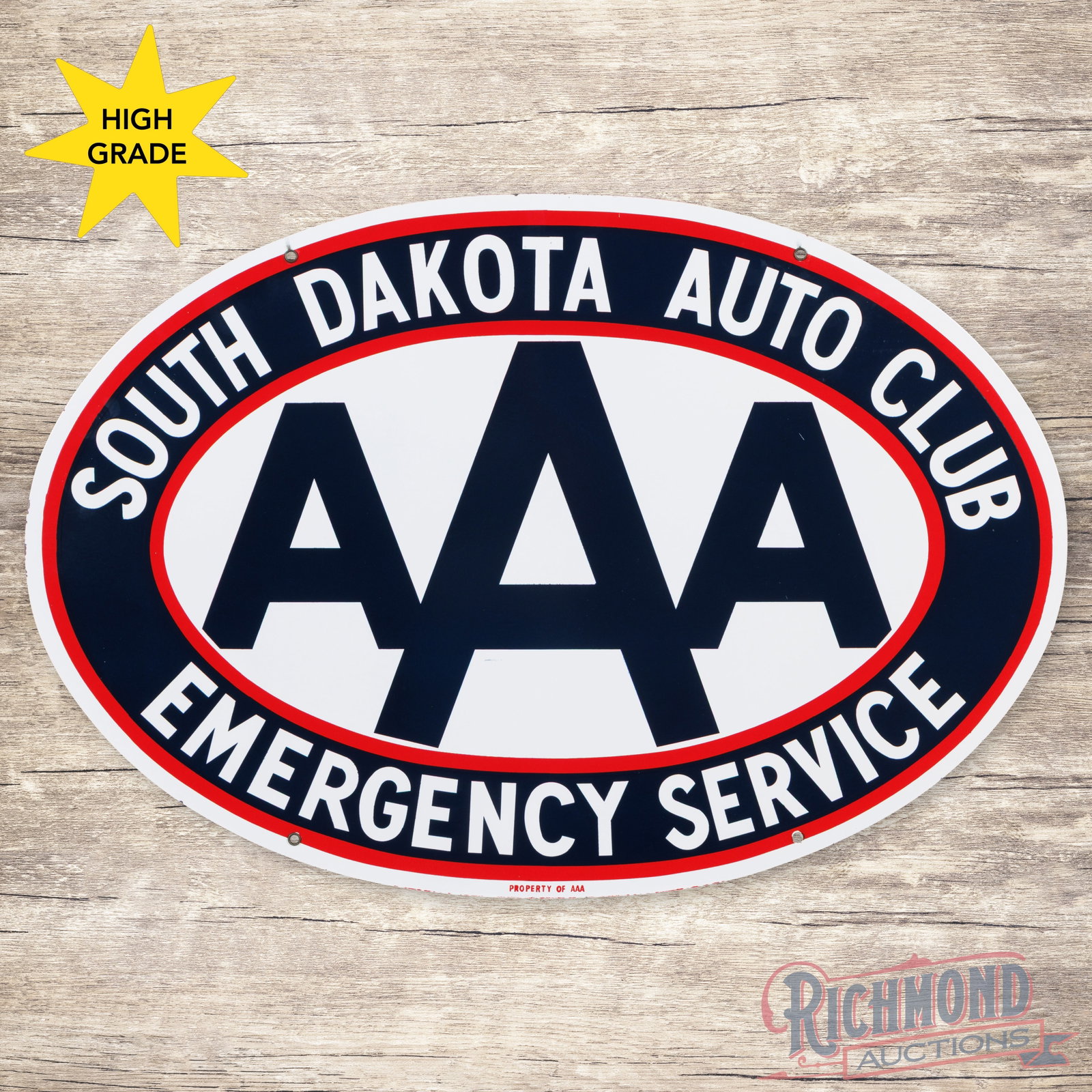 Triple A AAA South Dakota Auto Club Emergency Service 36" Double Sided Porcelain Sign: DSP (double sided porcelain) sign has day one color and gloss. The display has a clean field and perimeter with a few tiny chips on the left hand edge. The reverse is in a similar condition with a few