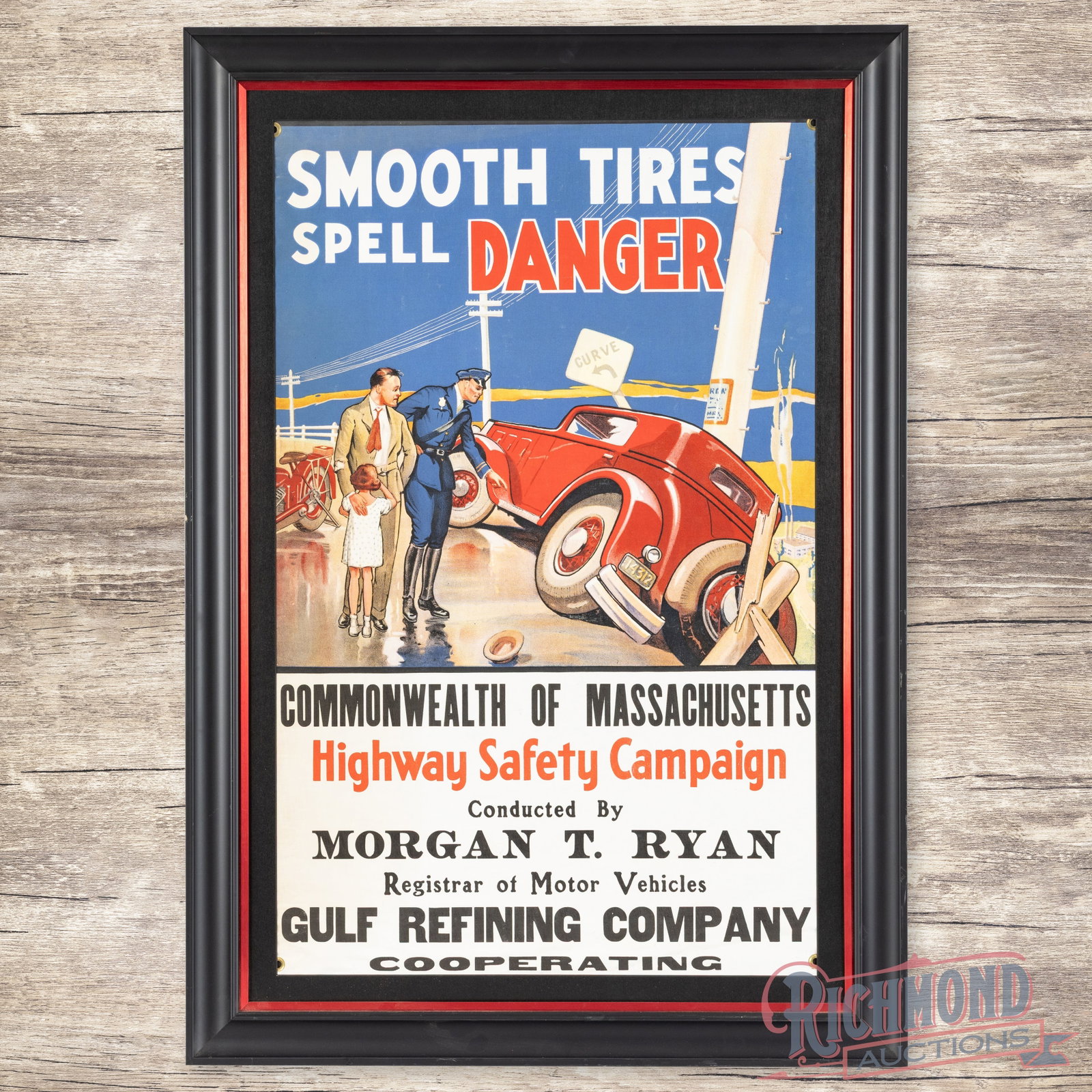 Smooth Tires Spell Danger Highway Safety Campaign Gulf Refining Framed Advertising Banner Sign (1 of 3)