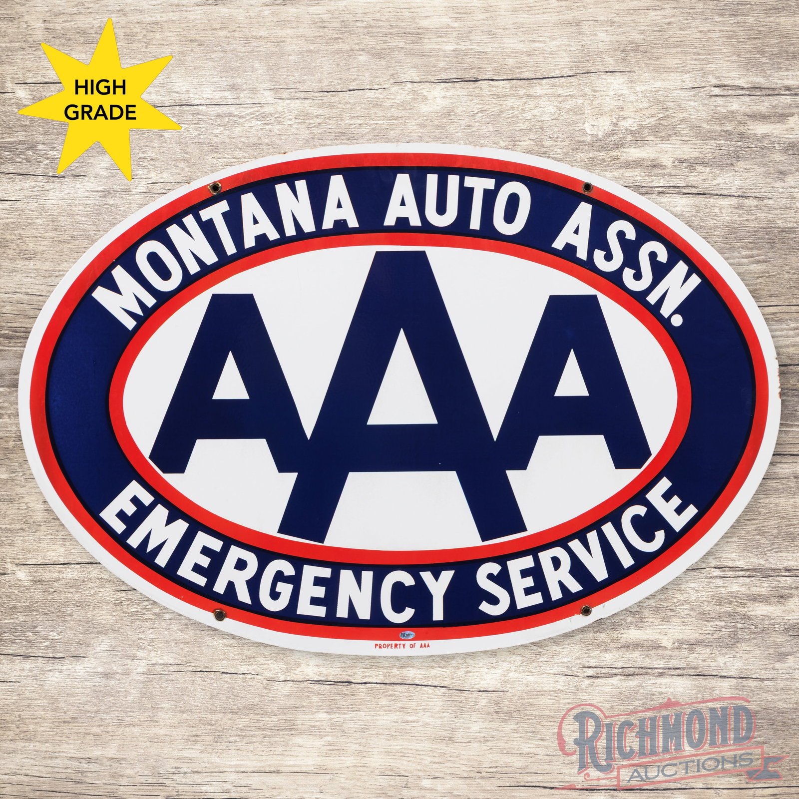 Triple A AAA Montana Auto Assn. Emergency Service 36" Double Sided Porcelain Sign: DSP (double sided porcelain) sign has very good color and gloss. The display field is clean. The perimeter has a minor chip at a lower mounting hole with tiny chips along the left hand edge. The rever
