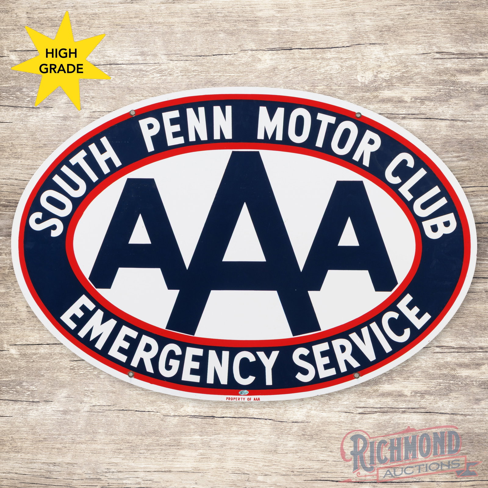 Triple A AAA South Penn Motor Club Emergency Service 36" Double Sided Porcelain Sign: DSP (double sided porcelain) sign has excellent color and gloss. The display has a clean field with minor marks. The perimeter has a few tiny flea bites along the outer edges. The reverse is in a simi