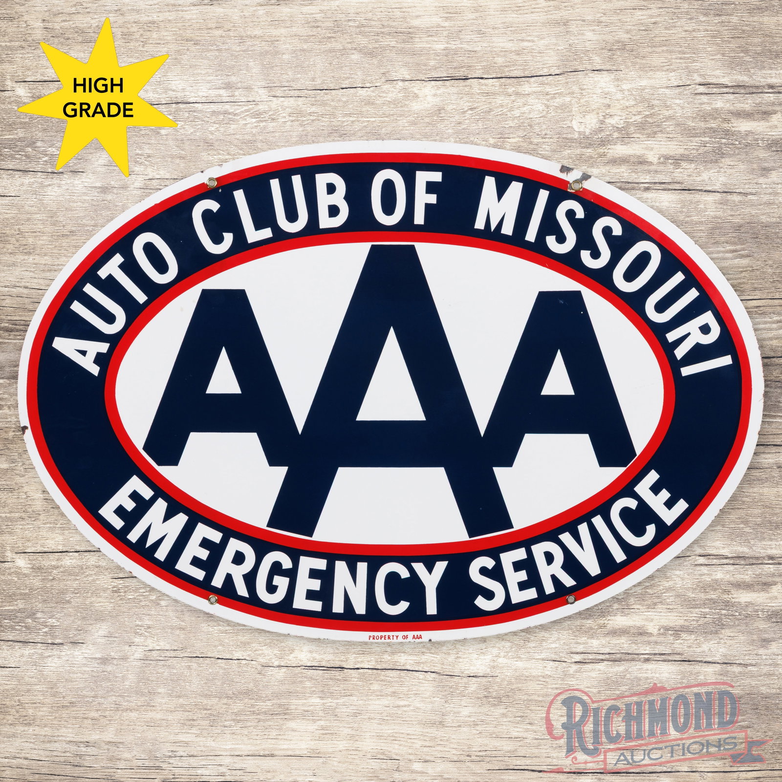 Triple A AAA Auto Club of Missouri Emergency Service 36" Double Sided Porcelain Sign: DSP (double sided porcelain) sign has excellent color and gloss. The display field is clean and the perimeter has small chips at the upper mounting holes and edges. The reverse is in a similar conditi