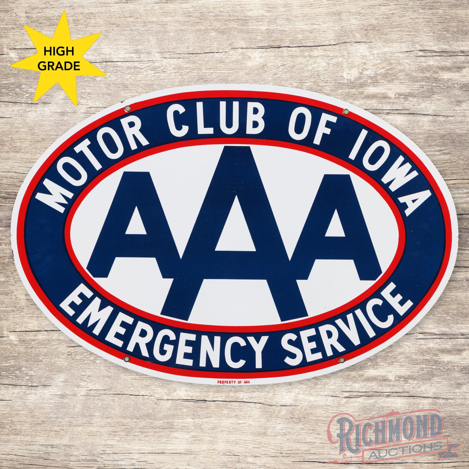 Triple A AAA Motor Club of Iowa Emergency Service 36" Double Sided Porcelain Sign: DSP (double sided porcelain) sign has outstanding color and gloss. The display has a clean field with a few tiny chips along the outer edges. The reverse is in a similar condition with a tiny factory 