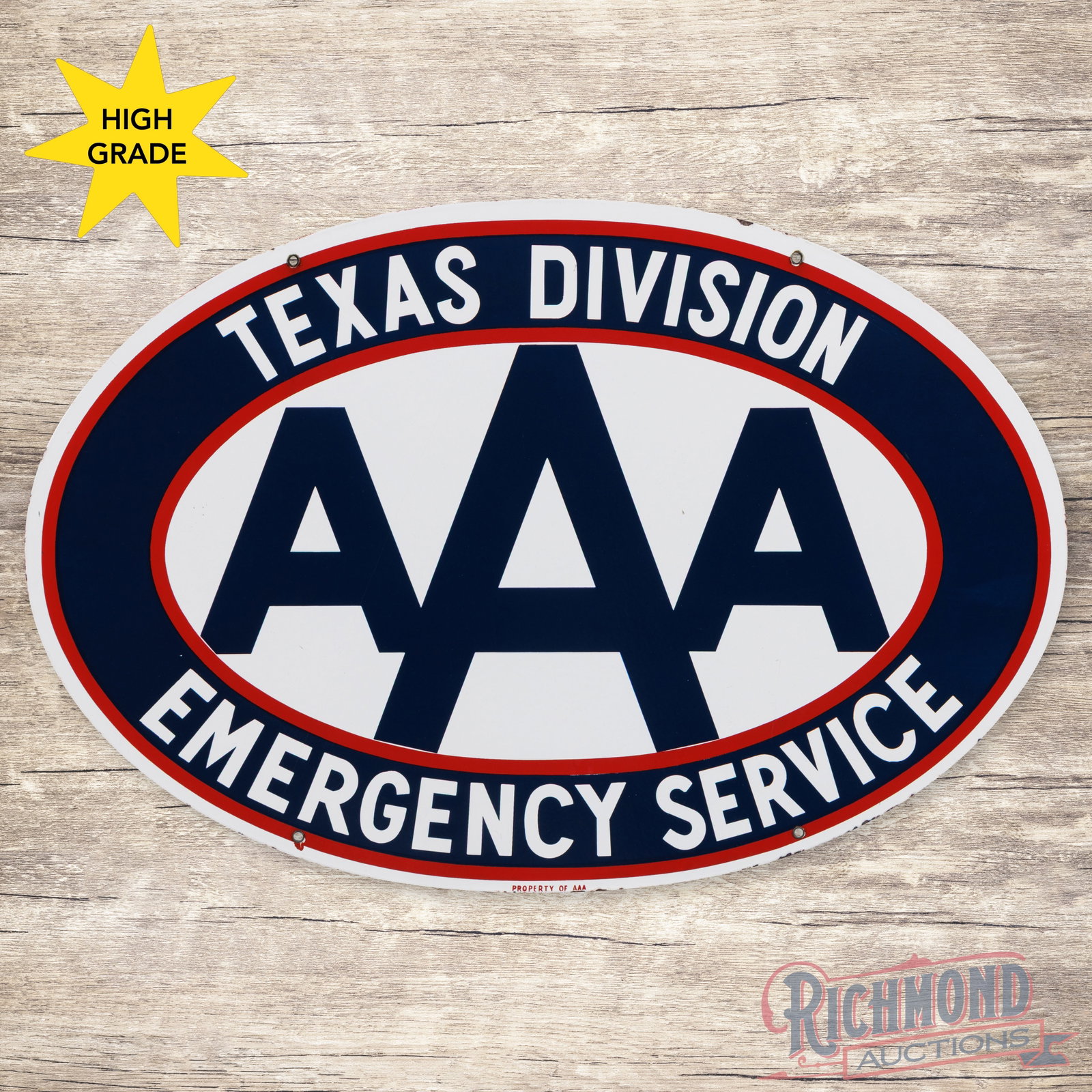 Triple A AAA Texas Division Emergency Service 36" Double Sided Porcelain Sign: DSP (double sided porcelain) sign has excellent color and gloss. The display has a clean field with minor marks. The perimeter has minor chips along the outer edges. The reverse is in a similar condit