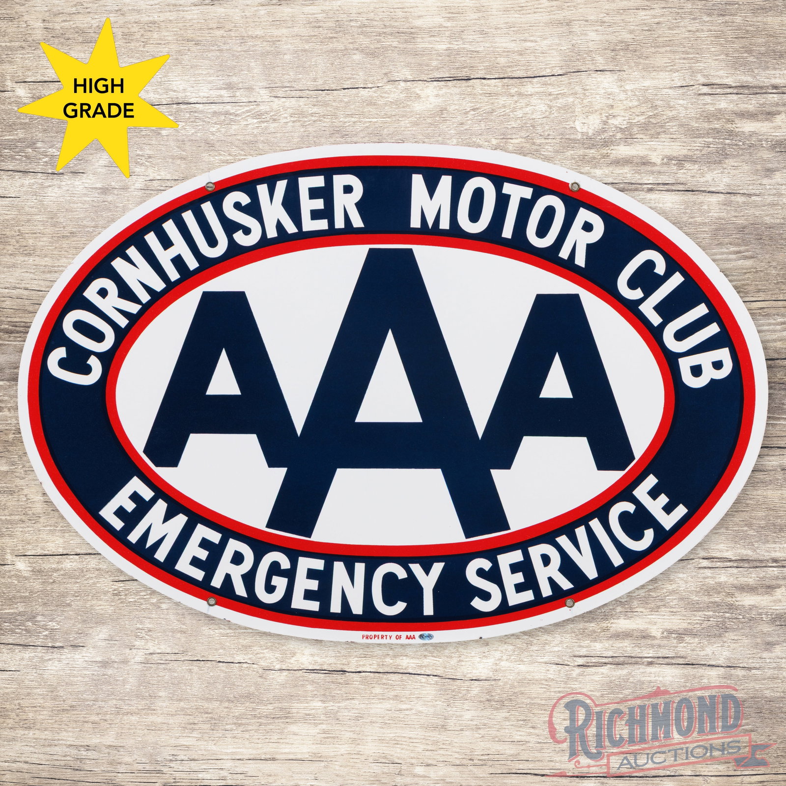 Triple A AAA Cornhusker Motor Club Emergency Service 36" Double Sided Porcelain Sign: DSP (double sided porcelain) sign has amazing color and gloss. Side #1 has a clean field and perimeter with minor edge imperfections. The reverse is in a similar condition to the display. All four fac