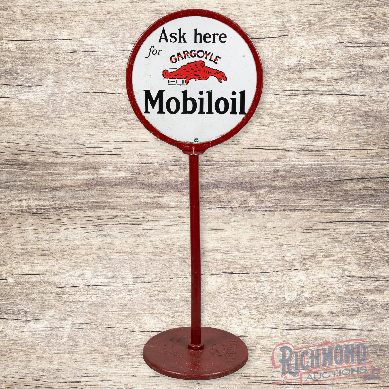 Ask Here for Gargoyle Mobiloil 24" Double Sided Porcelain Curb Sign: DSP (double sided porcelain) curb sign with embossed Mobil base has good color and gloss. The display has surface wear with chips and crazing. The reverse has an area of discoloration in the upper fie