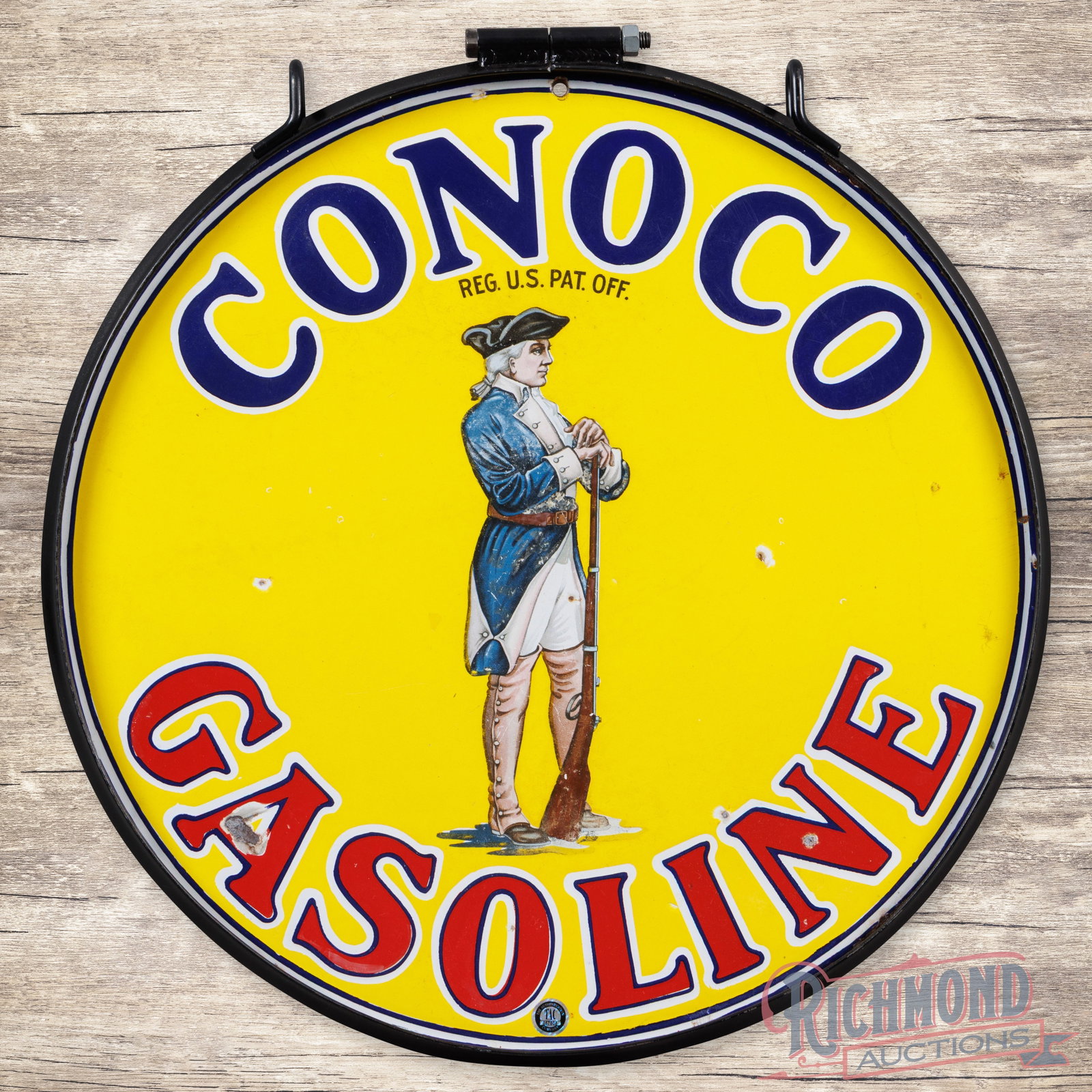 Conoco Gasoline 25" Double Sided Porcelain Sign w/ Ring & Minuteman: DSP (double sided porcelain) sign has very good color and gloss. The display has surface wear and a small on the Minuteman's hip. The outer fields and perimeter have additional chips and small bruises