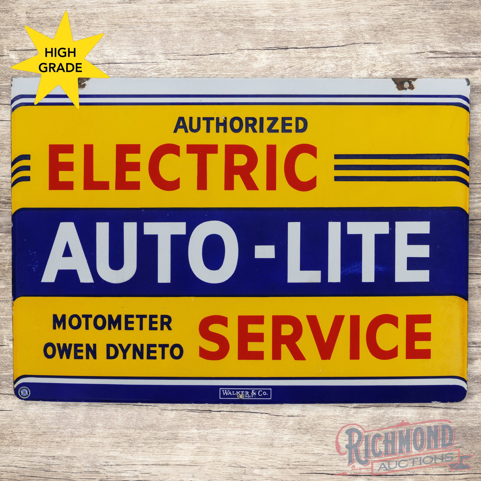 Autolite Authorized Electric Service 36" Double Sided Porcelain Sign: DSP (double sided porcelain) sign has excellent color and gloss. Side #1 is exceptionally clean with a tiny flea bite in the field, chips at the upper mounting holes and a small non-factory hole on th