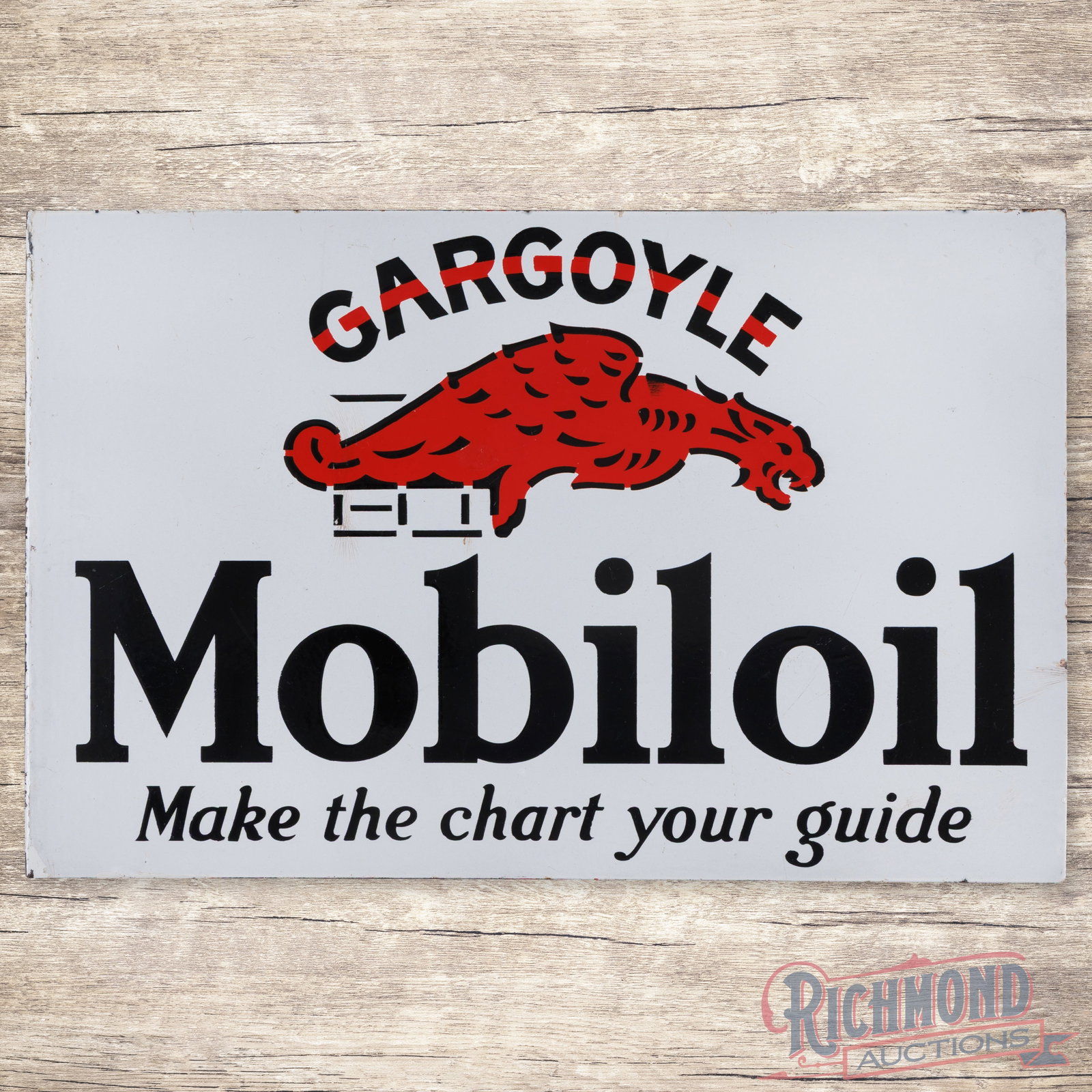 Rare Gargoyle Mobiloil & Pegasus Motor Spirit Double Sided Porcelain Flange Sign: Outstanding DSP (double sided porcelain) flange has excellent color and gloss. Side #1 with the Gargoyle has a small color matched chip in the field with small bruises. The perimeter has minor crazing