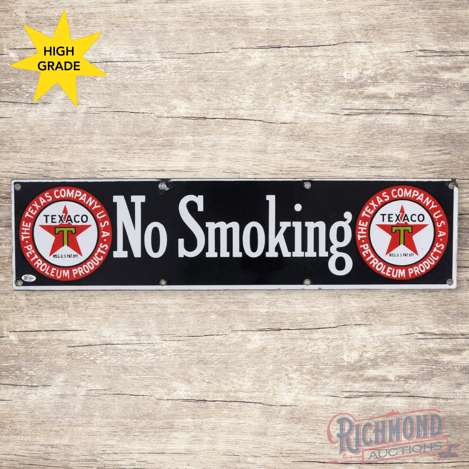 Texaco The Texas Company 24" No Smoking Single Sided Porcelain Sign "Black T": SSP (single sided porcelain) sign has excellent color and gloss. The fields are clean. The perimeter has color matched chips at the two upper mounting holes and other minor perimeter chips. All eight 