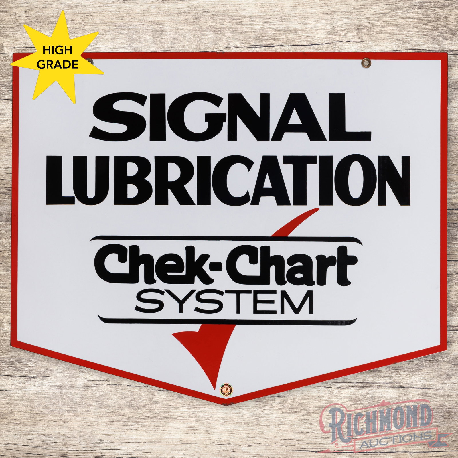 Rare Signal Lubrication Chek Chart System Double Sided Porcelain Sign: DSP (double sided porcelain) die cut sign has day one color and gloss. Side #1 has an exceptionally clean field with tiny flea bites along the edges. The reverse is in a similar condition to the displ
